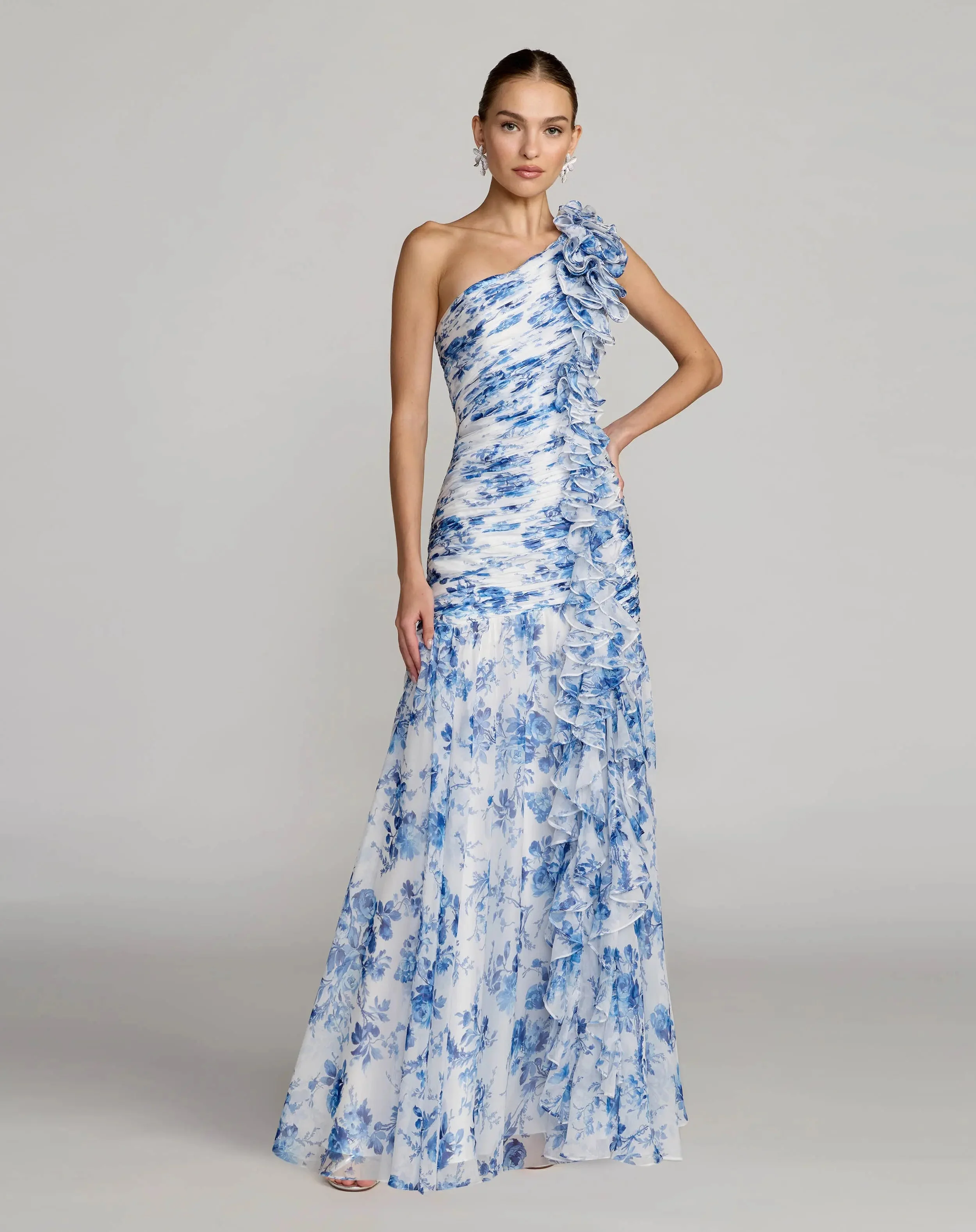 Blue Multi Ruched Floral Chiffon Gown With 3D Ruffles - 1