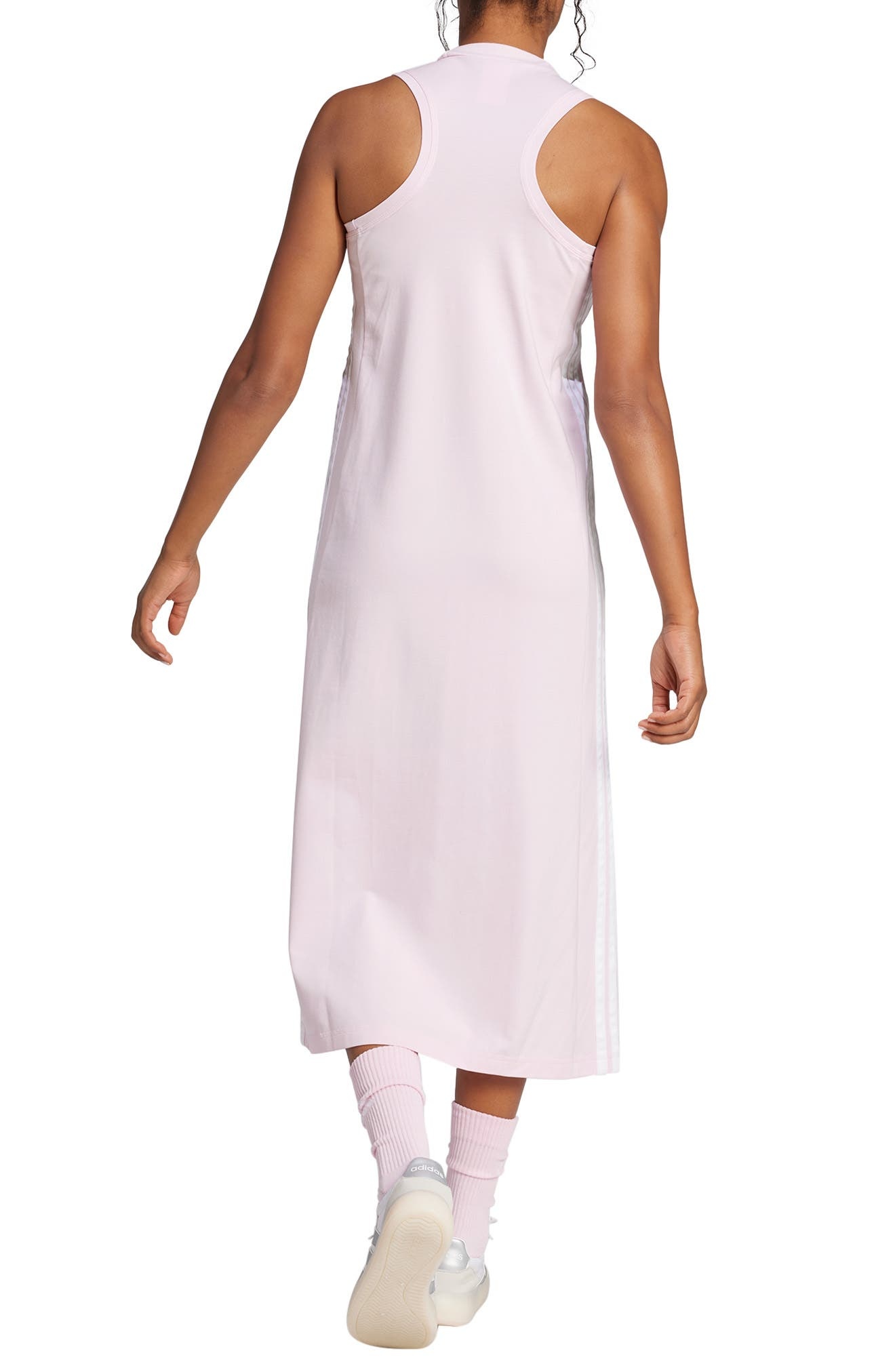 adidas Essentials 3-Stripes Racerback Midi Dress in Clear Pink/White at Nordstrom - 2