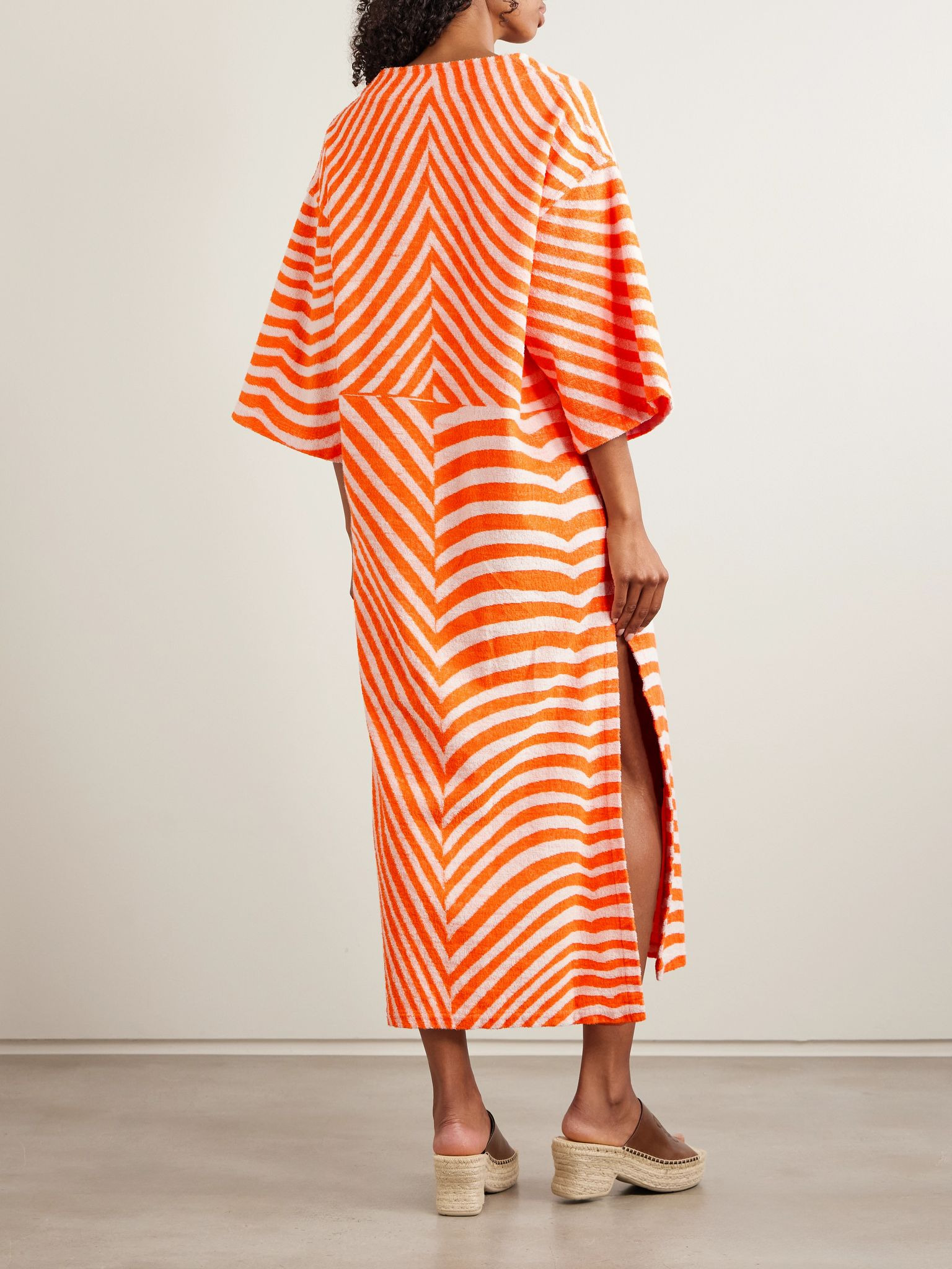 Embroidered striped cotton-terry kaftan Orange - 3