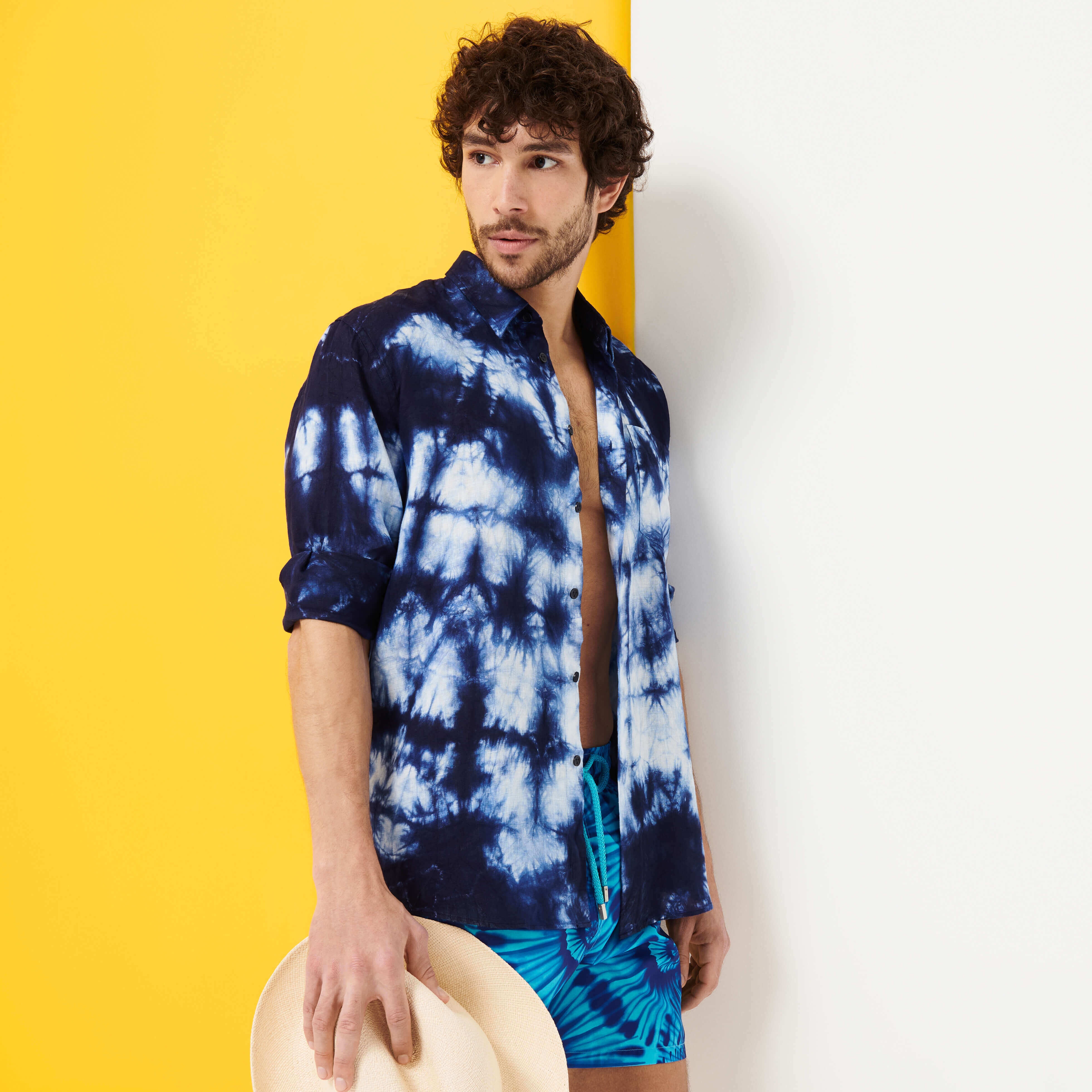 Men Bowling Shirt Linen and Cotton Fonds Marins Tie & Dye - 7