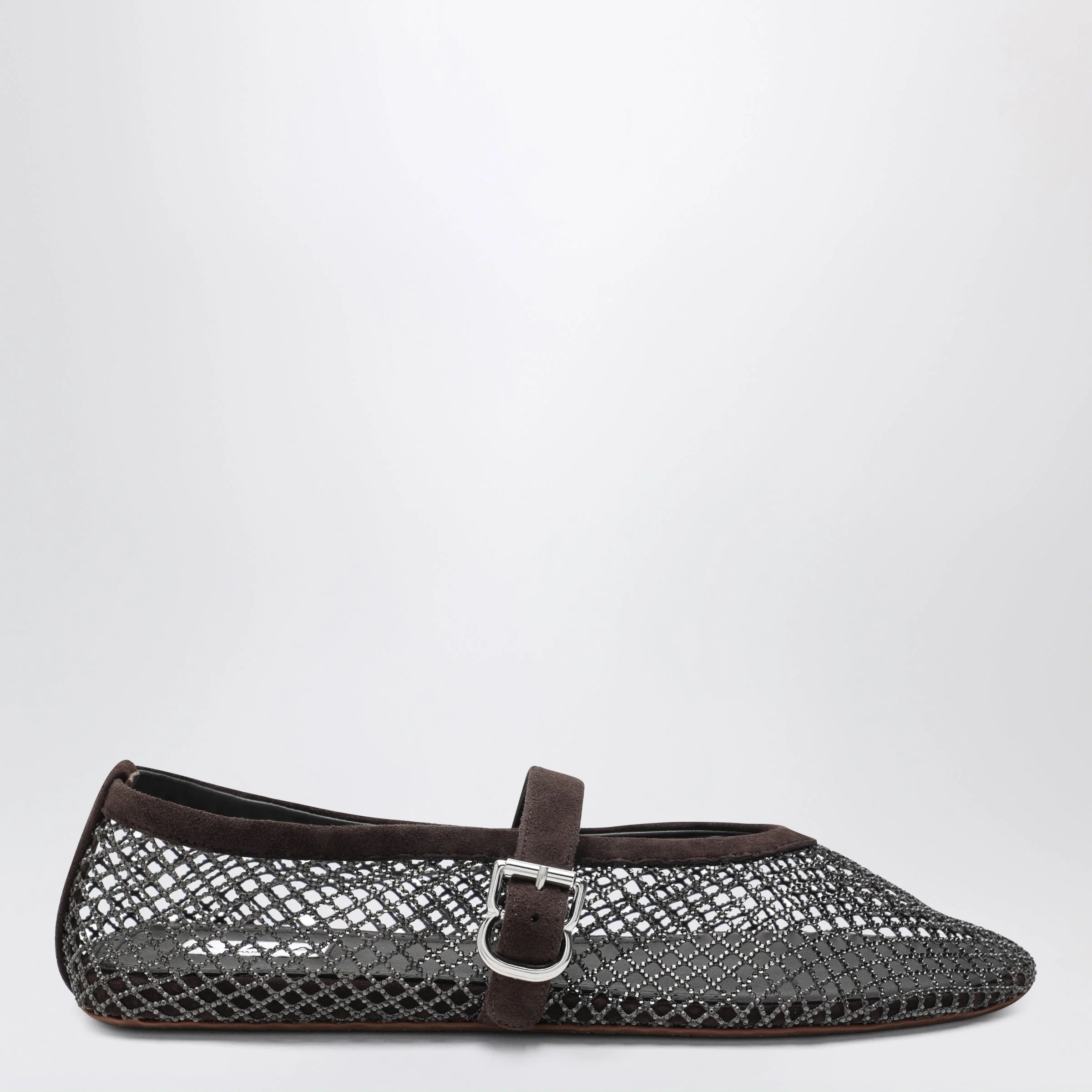 Alaia Flat Rhinestone Mesh Ballerinas In Suede, Smoky Brown Women - 1