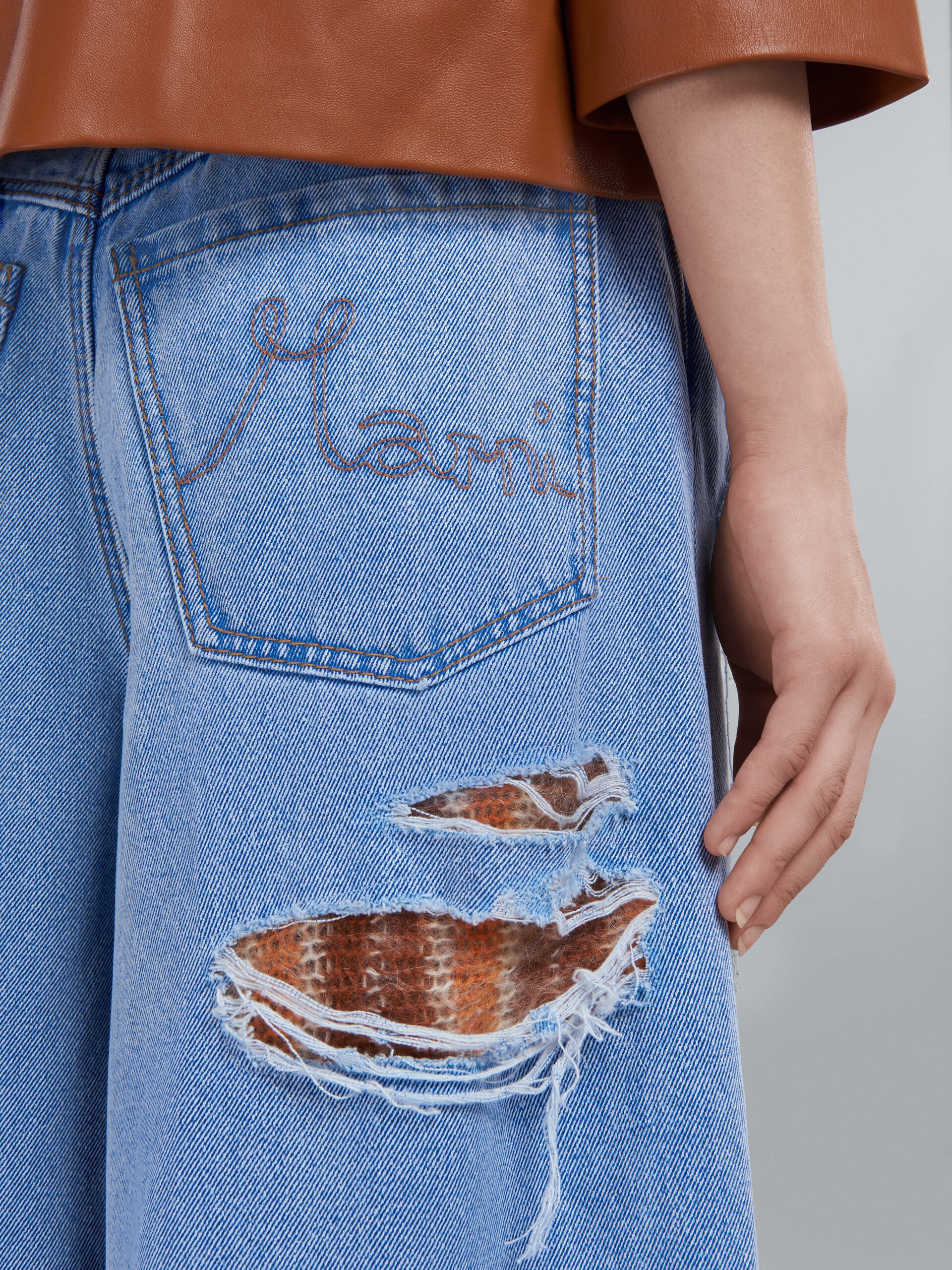 FLARED TROUSERS IN LIGHT BLUE DENIM AND MOHAIR - 4