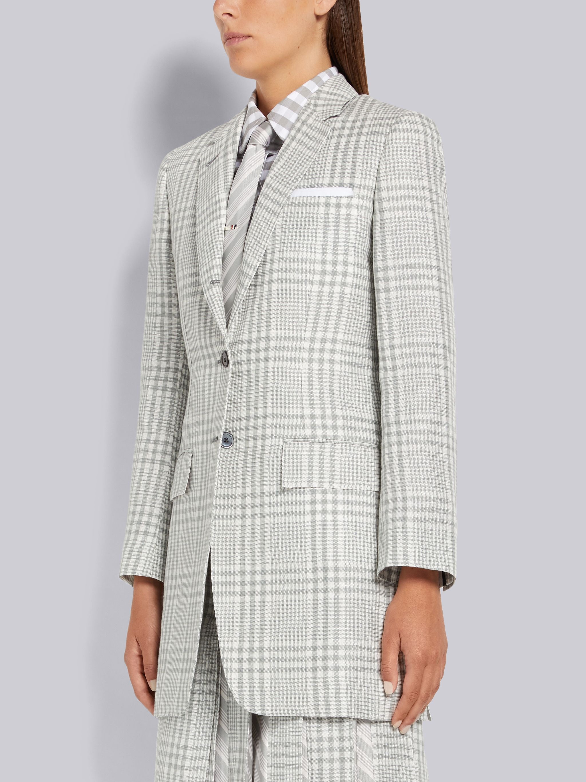 Medium Grey Gingham Crispy Linen Elongated Classic Jacket - 2