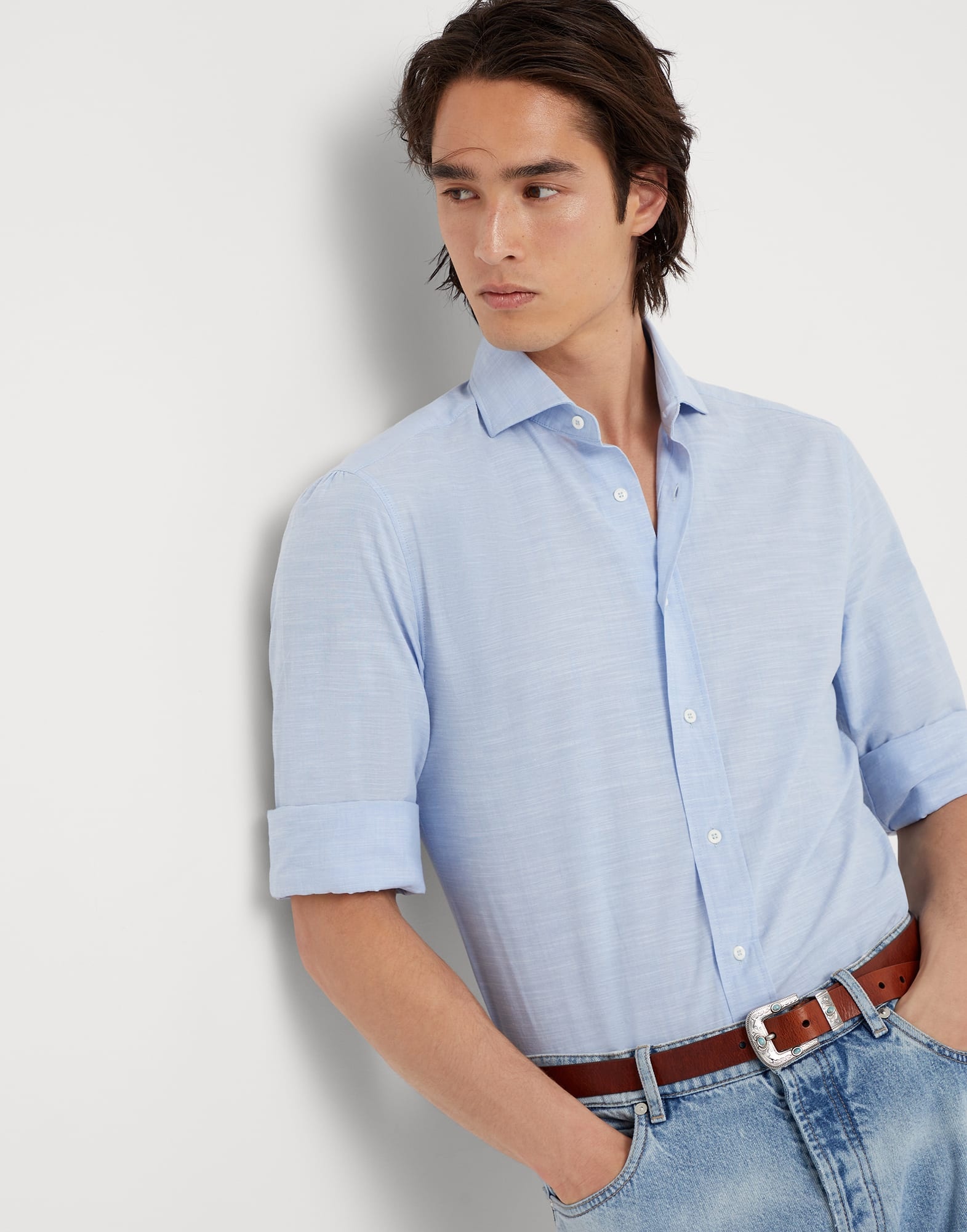 Lightweight Oxford slim fit shirt with spread collar - 4