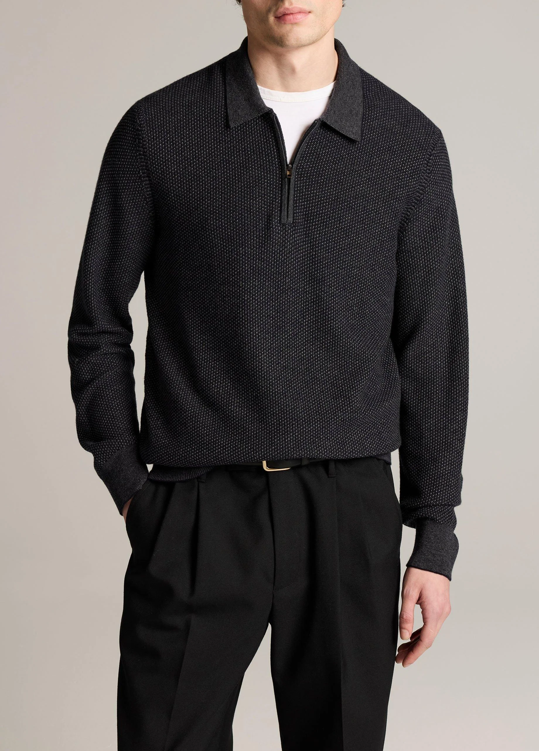 Geo-Jacquard Wool-Blend Zip Polo Sweater - 1