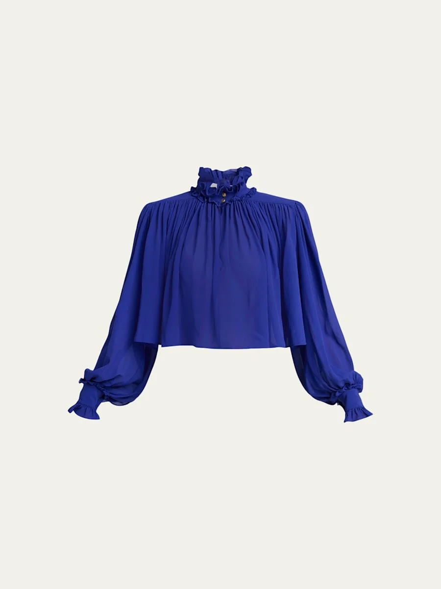 Ruffle Collar Organic Silk Georgette Crop Blouse - 1