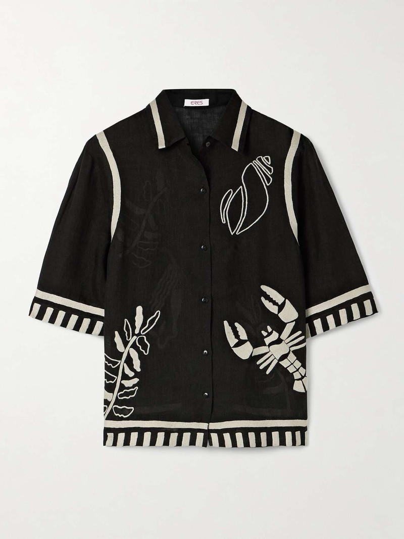 Mermaid Crab embroidered linen shirt Black - 1