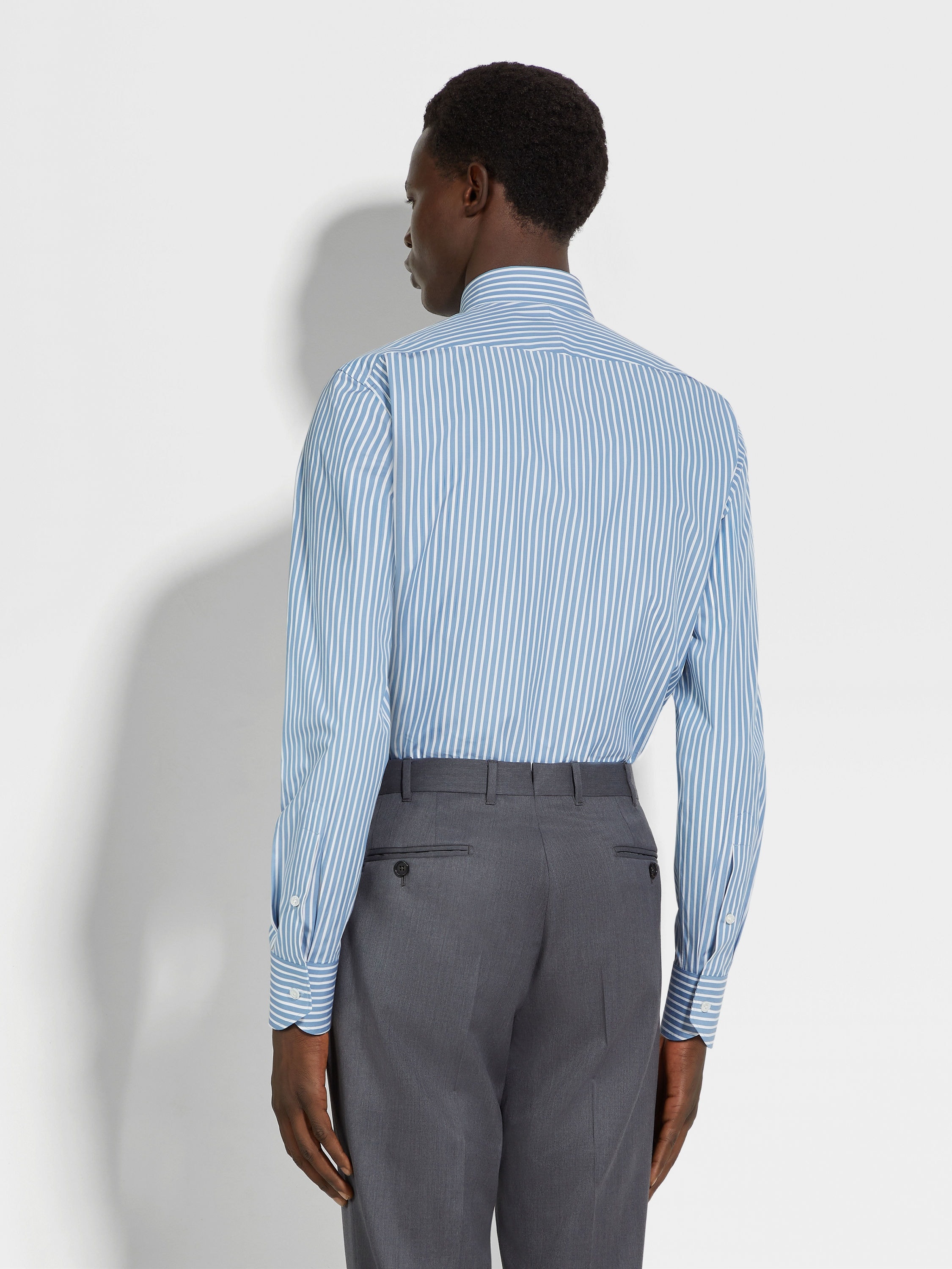 DARK BLUE AND WHITE MACRO-STRIPED CENTOVENTIMILA COTTON SHIRT - 4