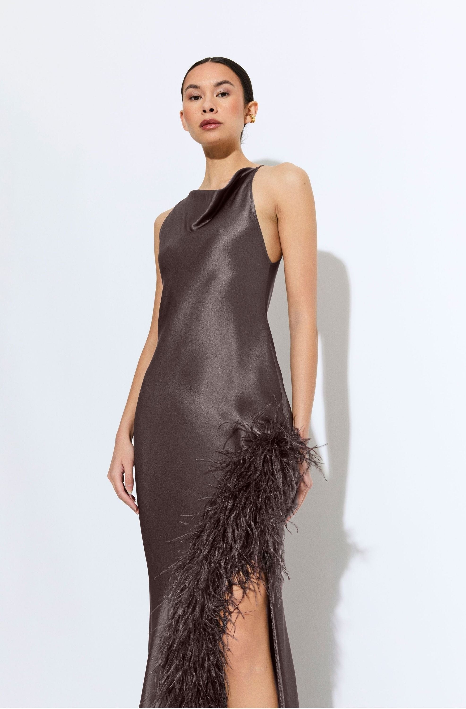 Satin Halter Gown With Feathers - 4