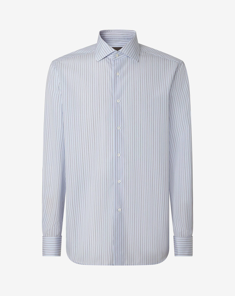 Double-twisted cotton shirt with light blue and black stripes 1