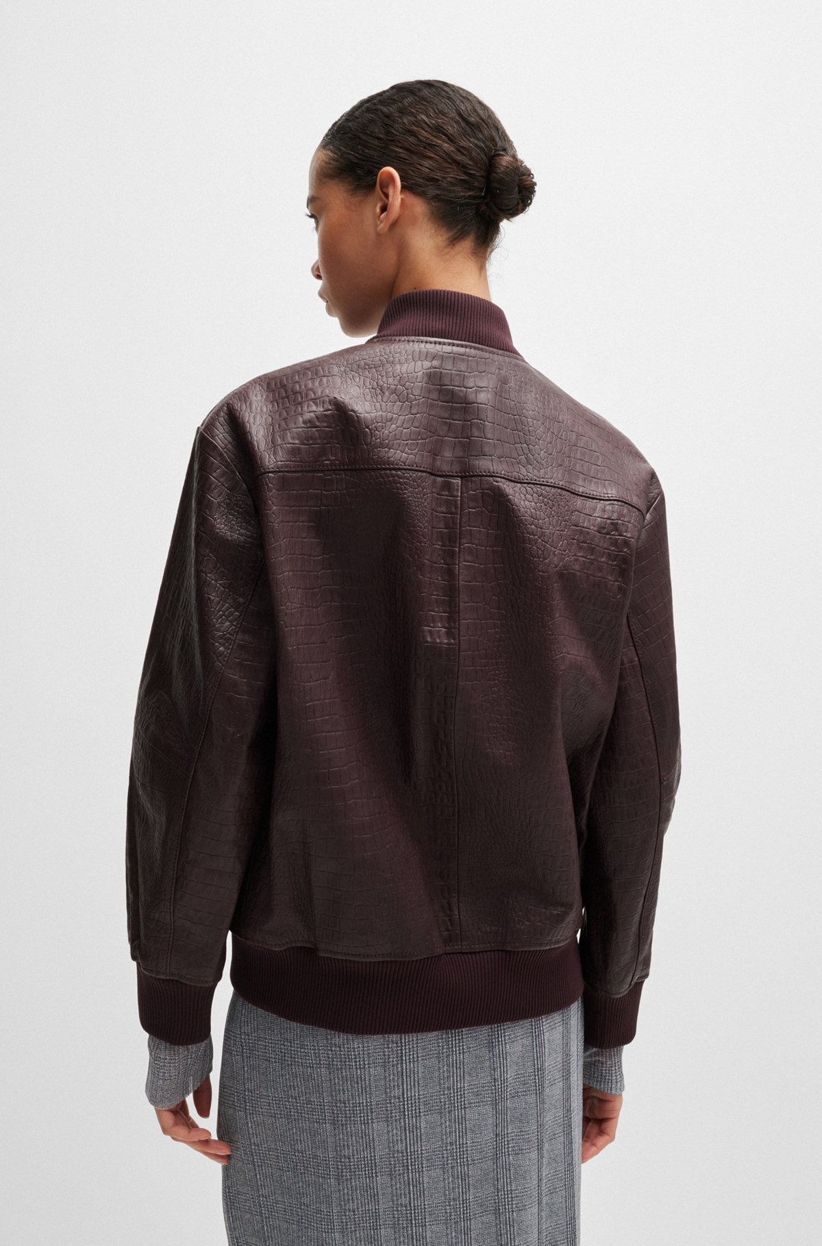 LEATHER BOMBER JACKET WITH EMBOSSED CROCODILE MOTIF - 4