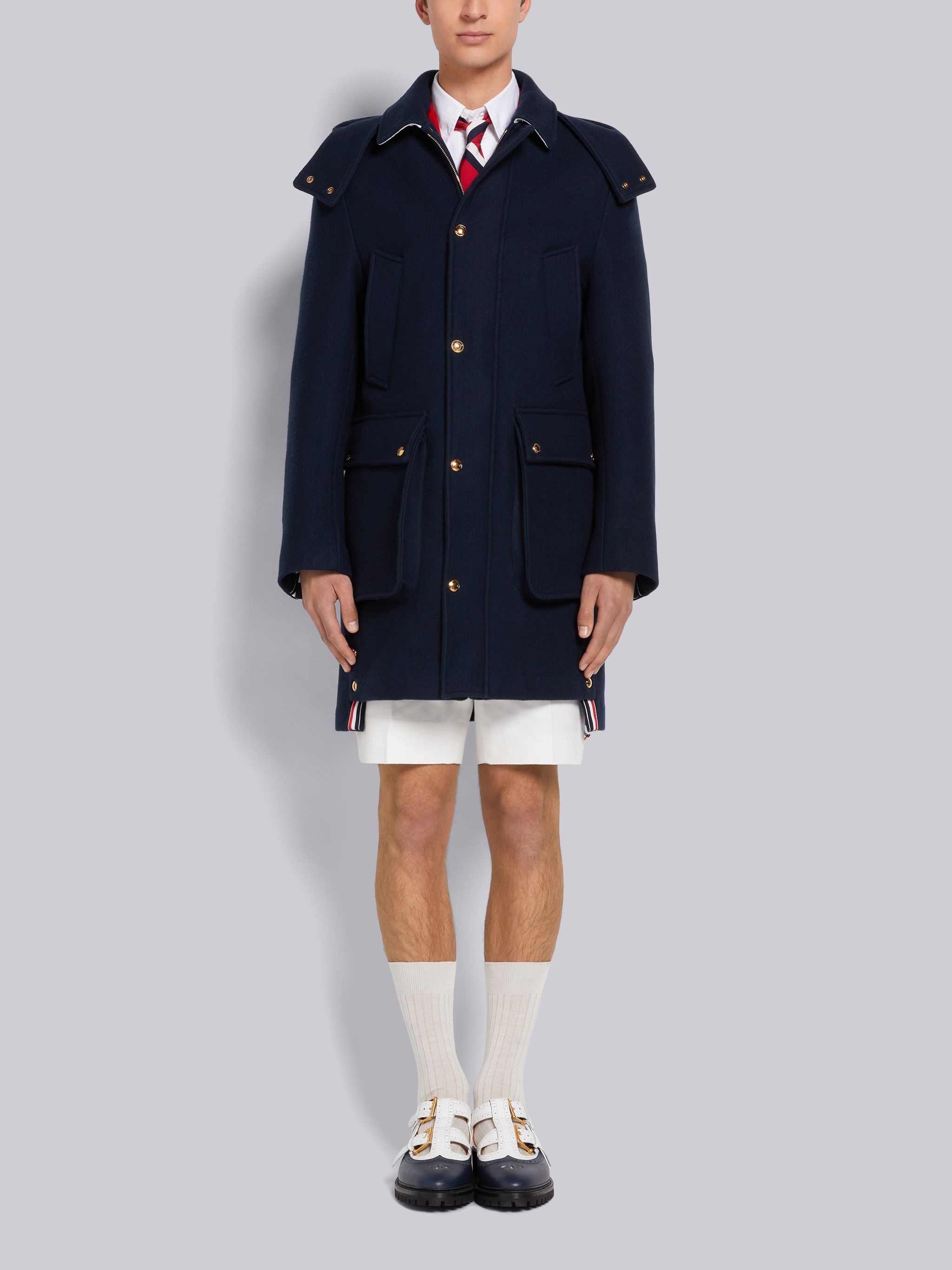 Navy Boiled Wool Snap Front Hooded Parka - 1