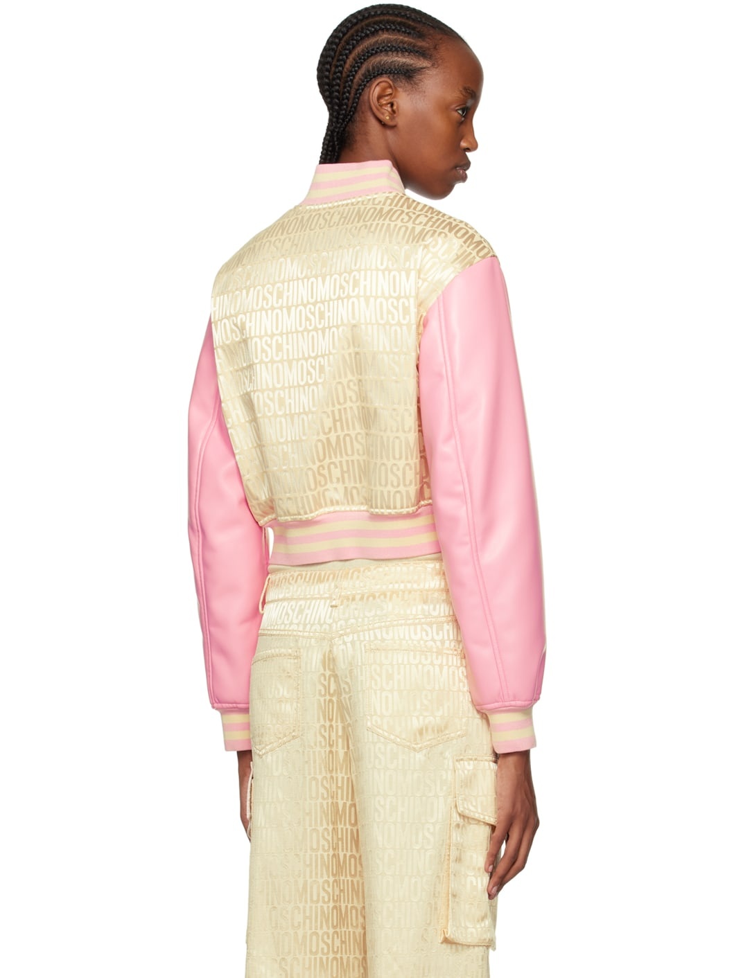 Beige & Pink Jacquard Bomber Jacket - 3
