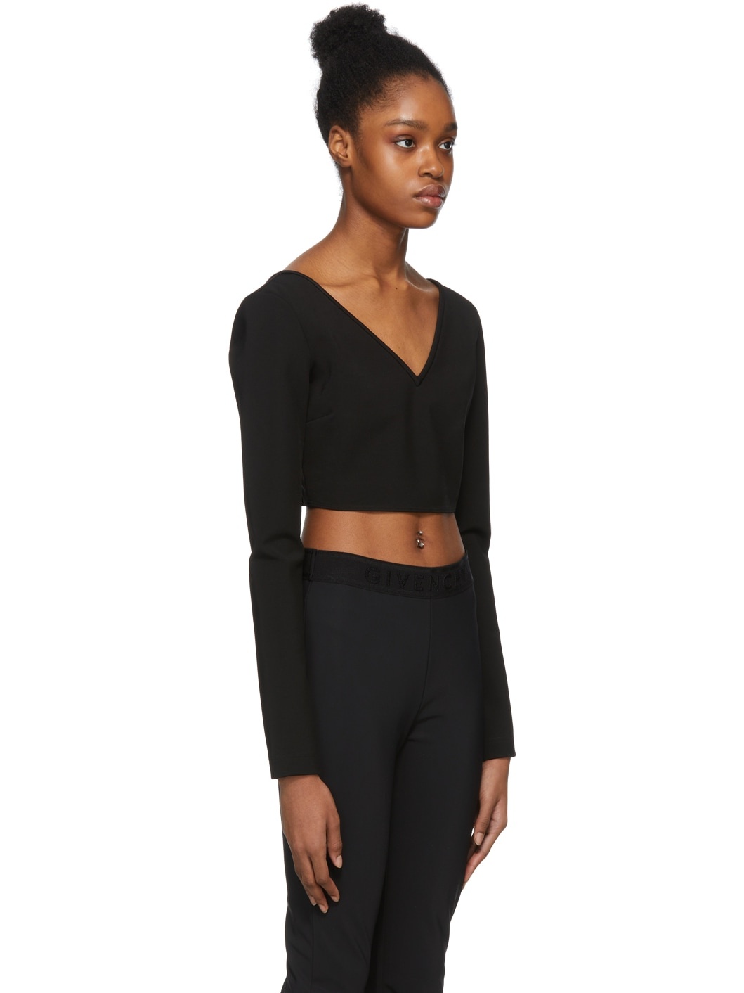 Black Cropped V-Neck Sweater - 2