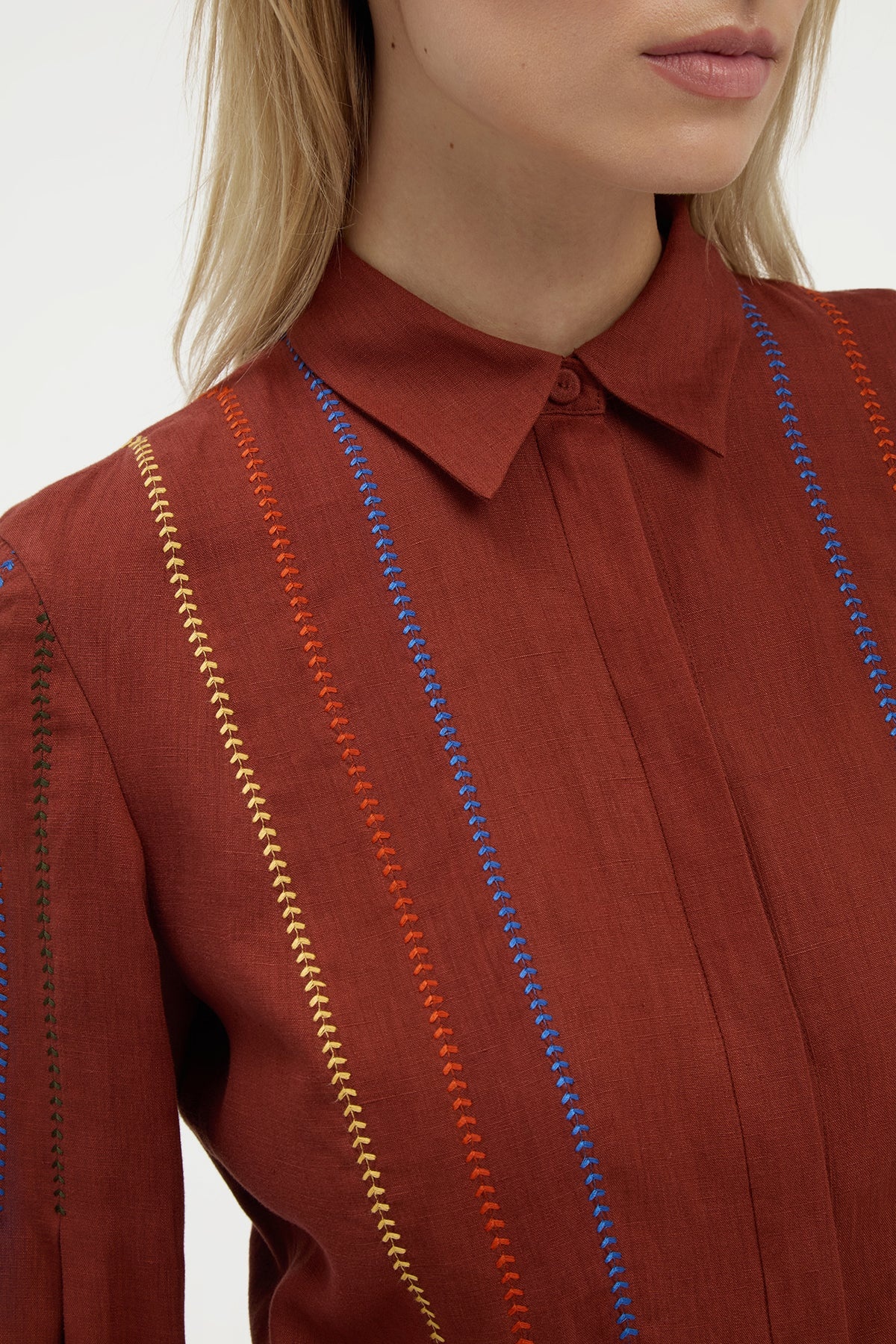 Aleka Pleated Midi Shirtdress in Burnt Sienna Multi Aloe Linen - 6