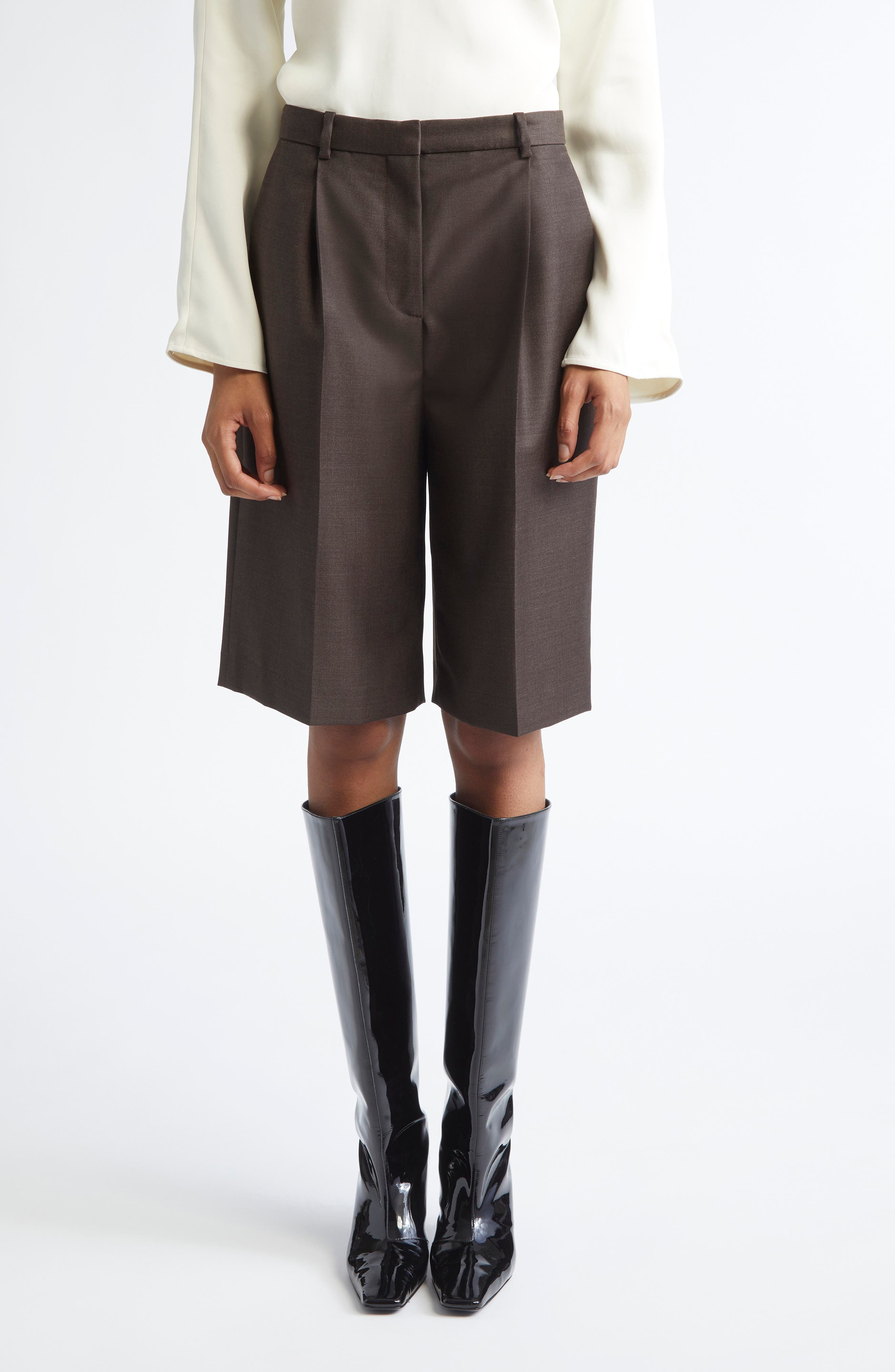 LOULOU DE SAISON Adler Pleated Virgin Wool Bermuda Shorts in Grizzly at Nordstrom - 1