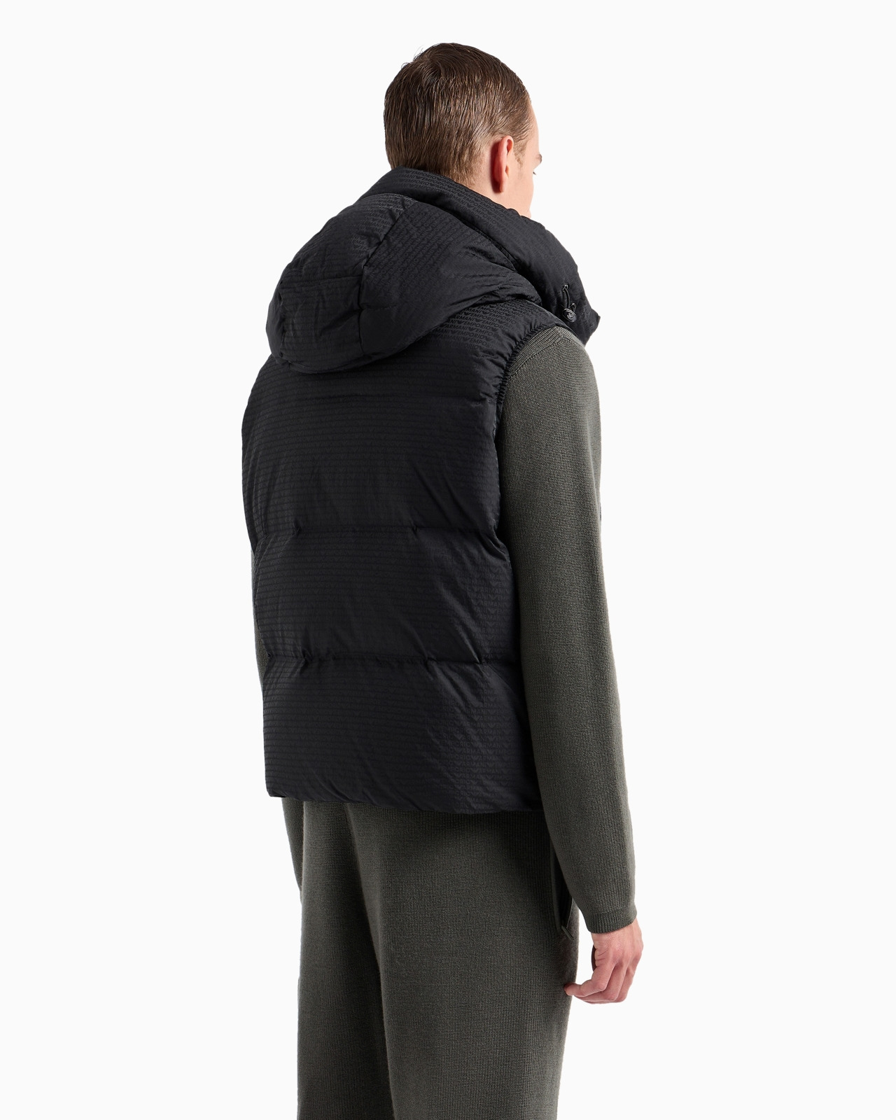 Zipped, hooded sleeveless down jacket in jacquard nylon with all-over logo lettering - 3