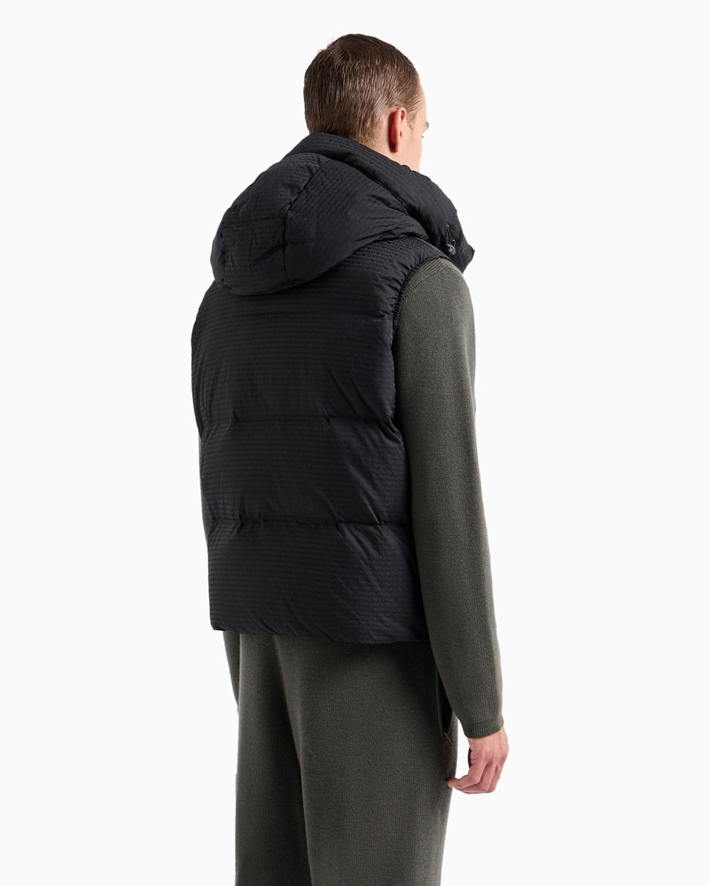 Zipped, hooded sleeveless down jacket in jacquard nylon with all-over logo lettering 3