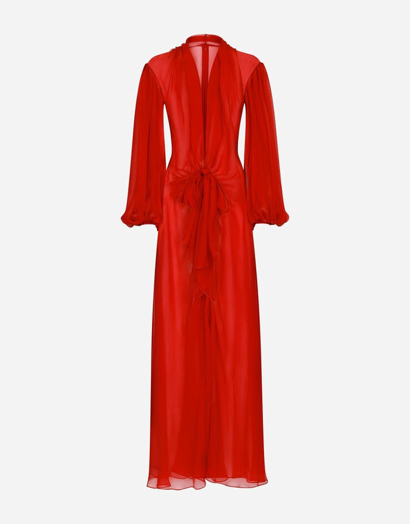 Long silk chiffon dress with bow detail 1