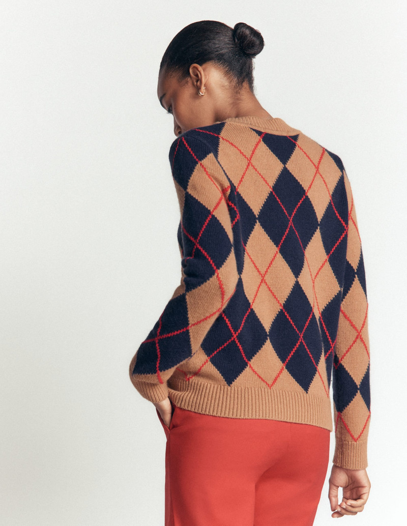 Embellished Jacquard Sweater-Camel Melange Argyle 5