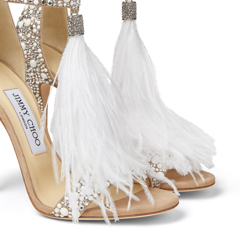 Viola 110 White Suede Sandals with Hotfix Crystals and Ostrich Feather Tassel 4