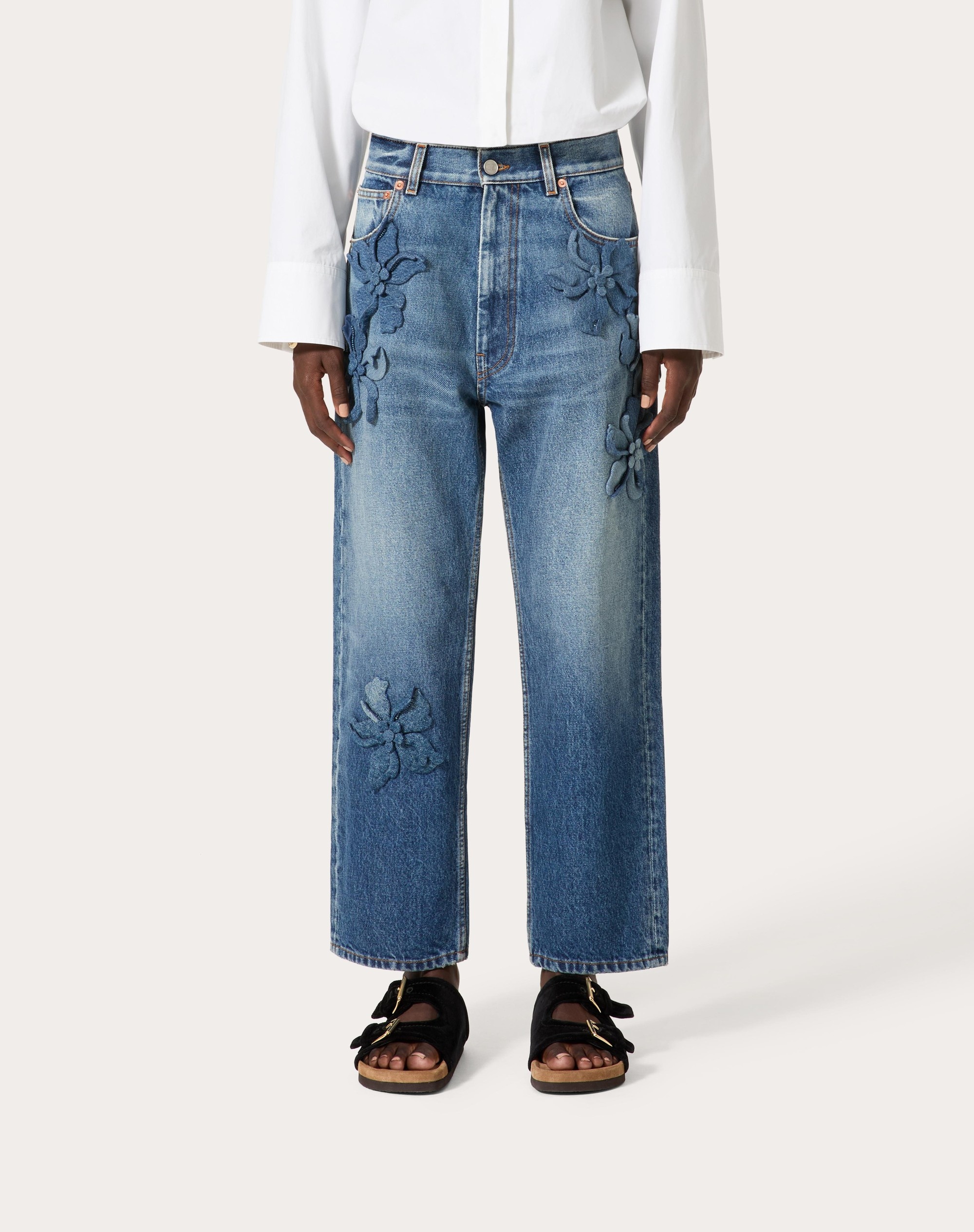 EMBROIDERED MEDIUM BLUE DENIM PANTS - 3
