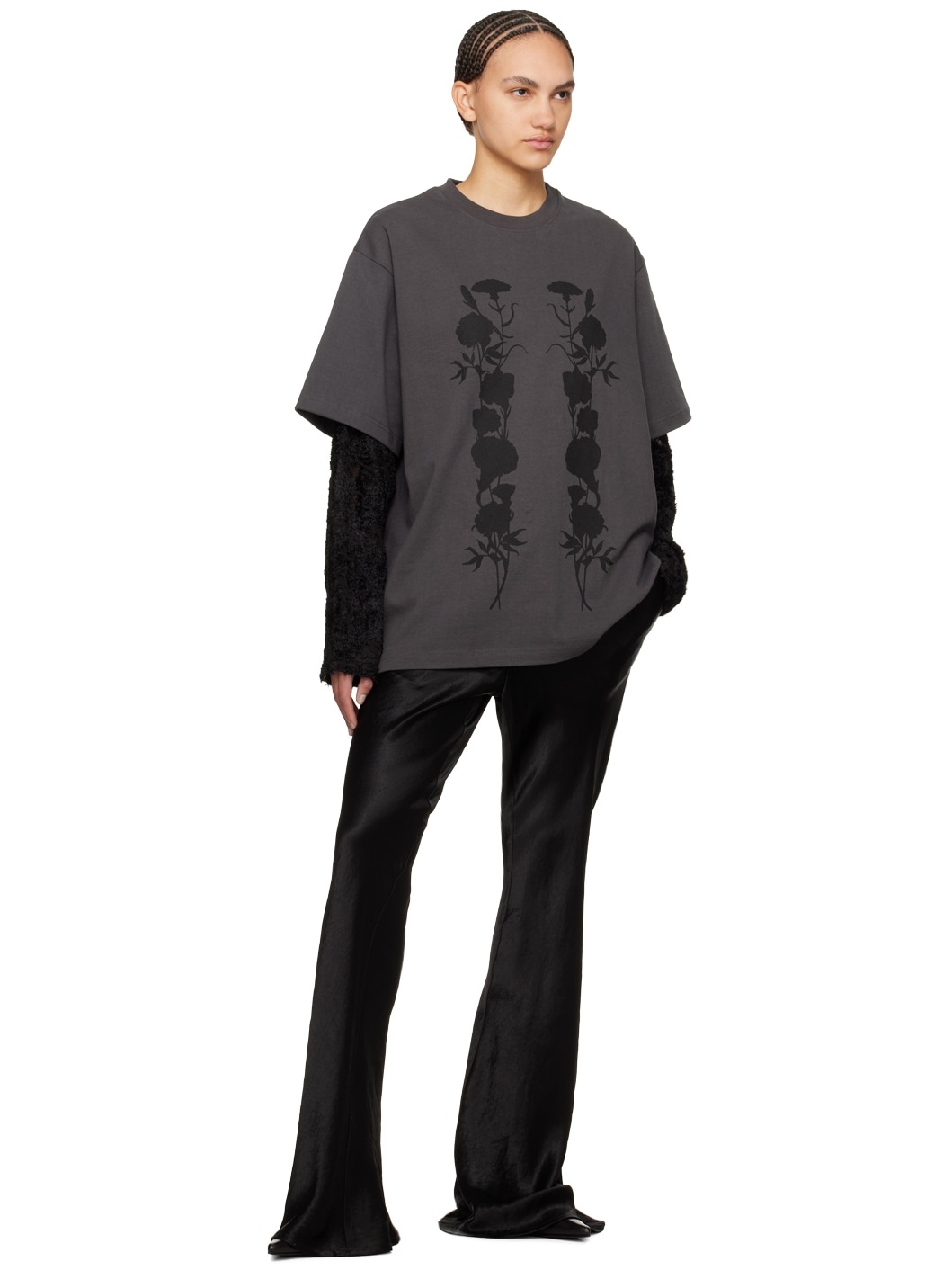 Gray 'Black Foliage' Long Sleeve T-Shirt - 4