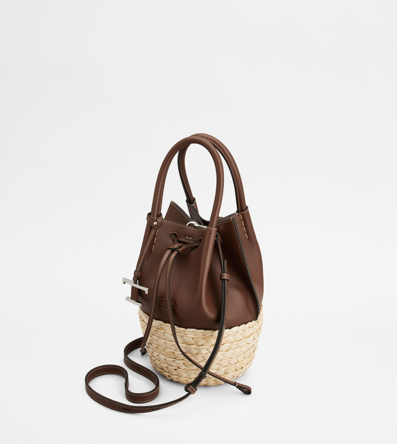 BUCKET BAG IN STRAW AND LEATHER MINI - BROWN, NATURAL 5