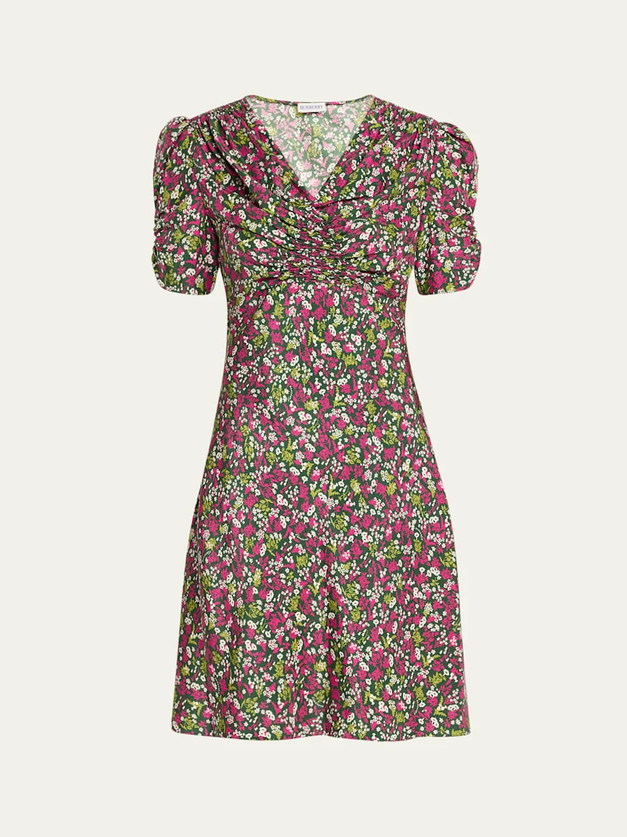 Jade Floral-Print Silk Ruched Short-Sleeve Mini Dress - 1