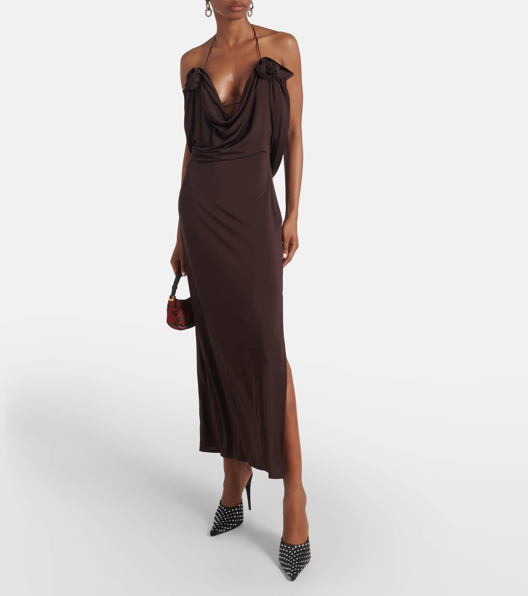 Floral-appliqué draped midi dress - 2