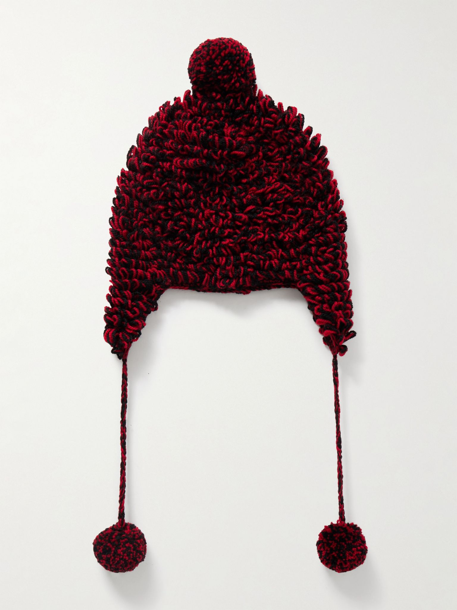 Pompom-Detailed Crocheted Merino Wool Hat Red - 1