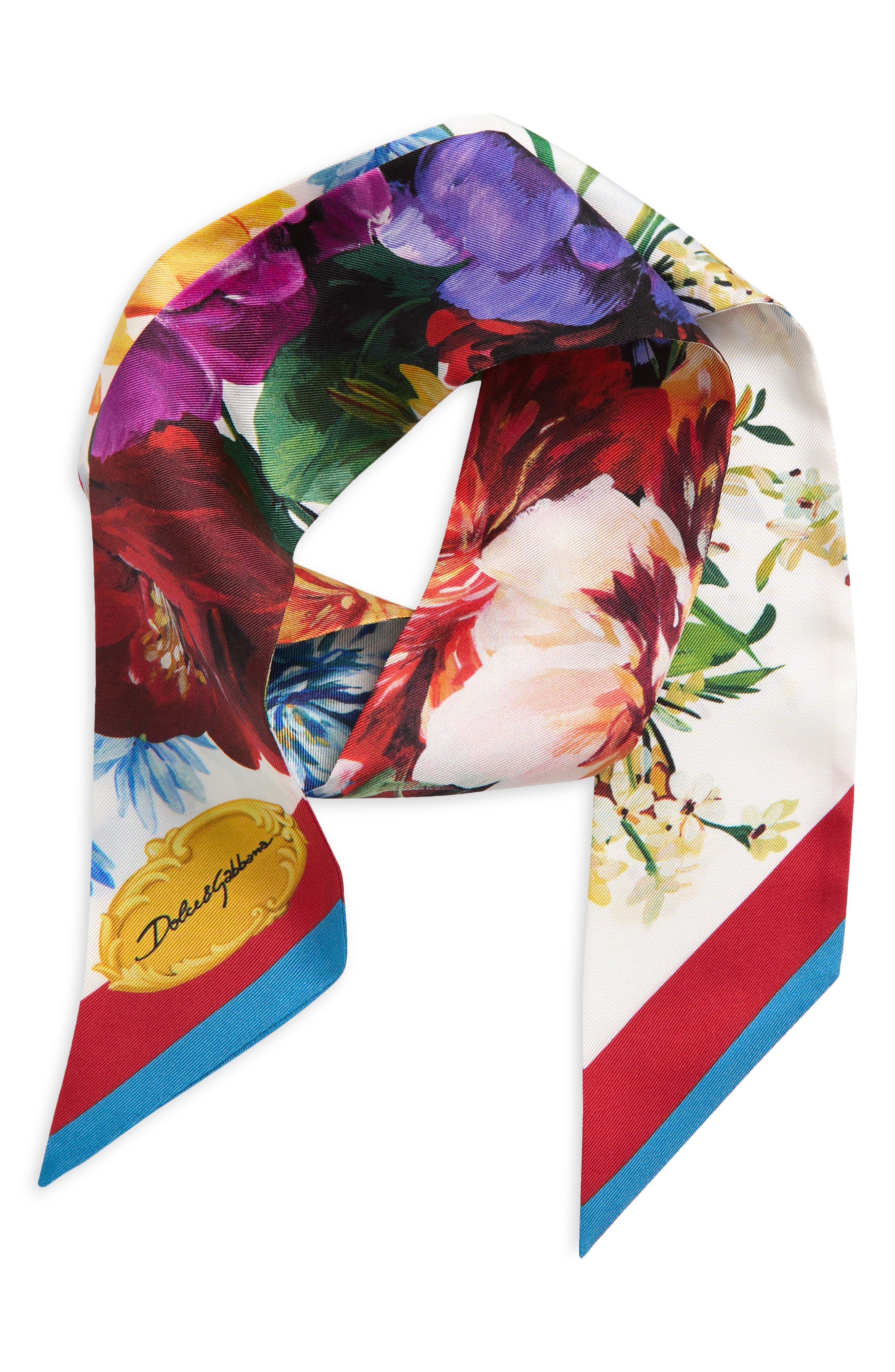 Dolce&Gabbana Floral Silk Twill Skinny Scarf in Hs5Pc B.fiori Cret.b/Rosso at Nordstrom - 3