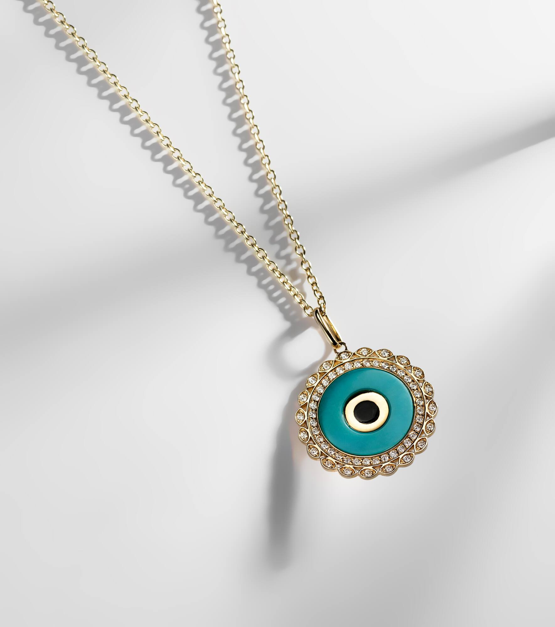 Large Evil Eye 14kt gold chain necklace with diamonds and turquoise - 5
