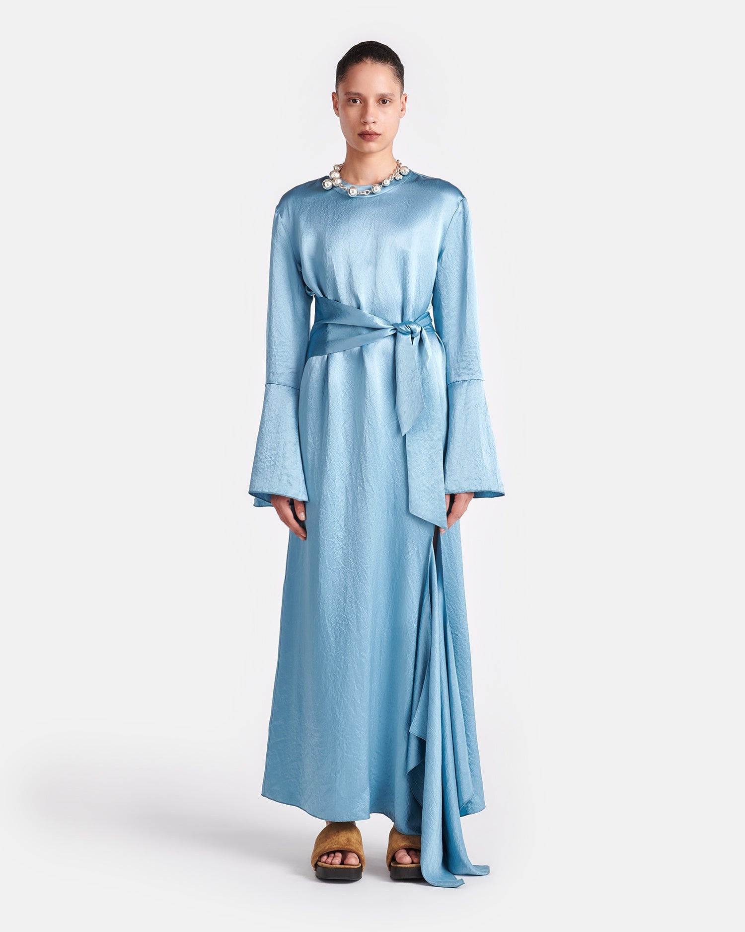 Belted Crinkled-Satin Maxi Dress - 1