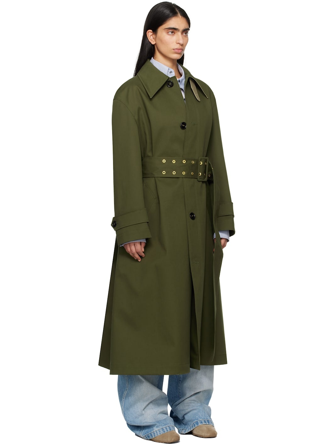 Green Cotton Belted Mac Coat - 2