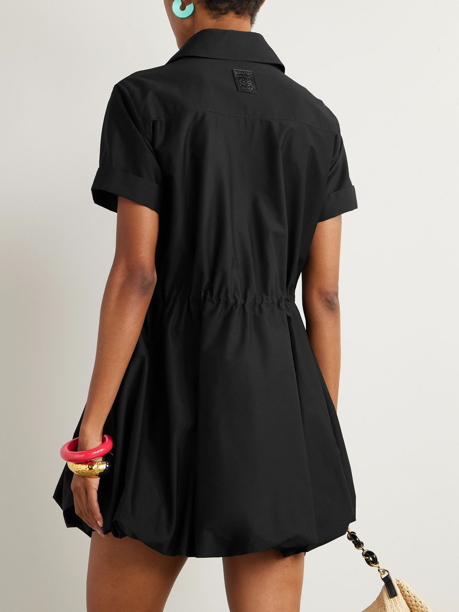 Leather-trimmed gathered cotton and silk-blend poplin mini shirt dress Black - 3