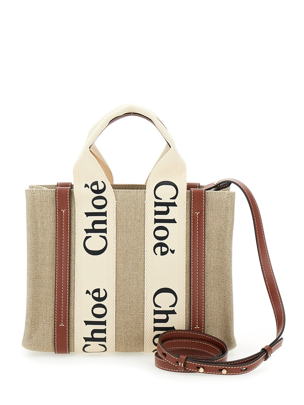 Chloé Women 'Woody' Brown Tote Bag With Branded Ribbons In Canvas And Leather Woman - 4