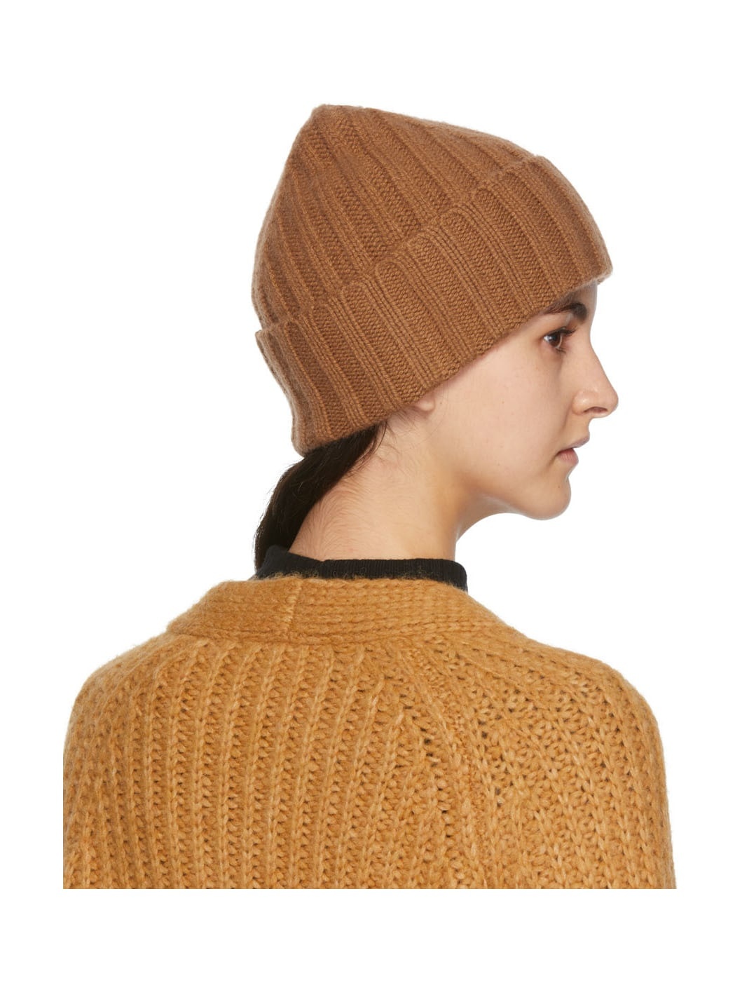 Brown Ribbed Cashmere Beanie - 3