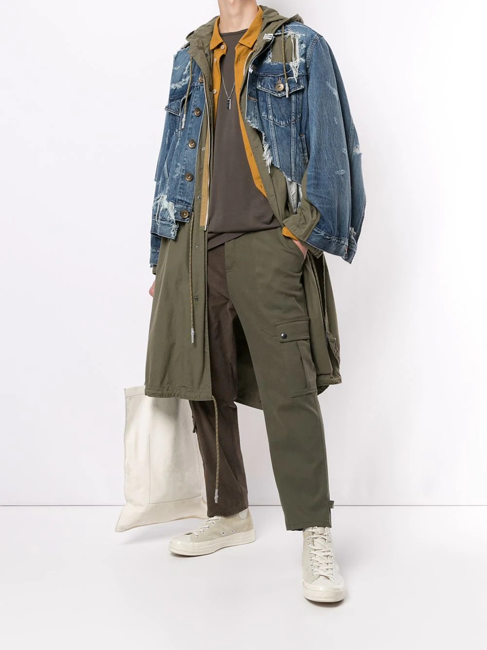 broken denim layered parka coat - 2