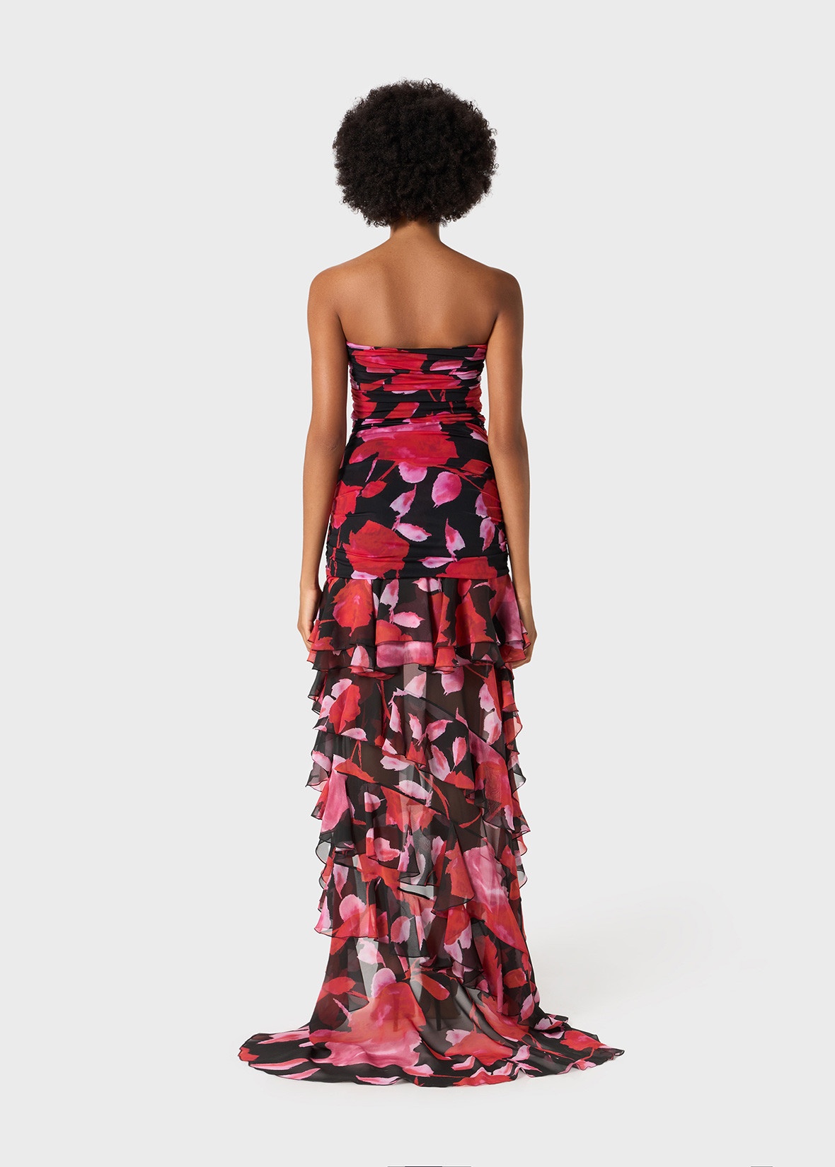 PRINTED JERSEY BUSTIER DRESS WITH CHIFFON FLOUNCES - 4