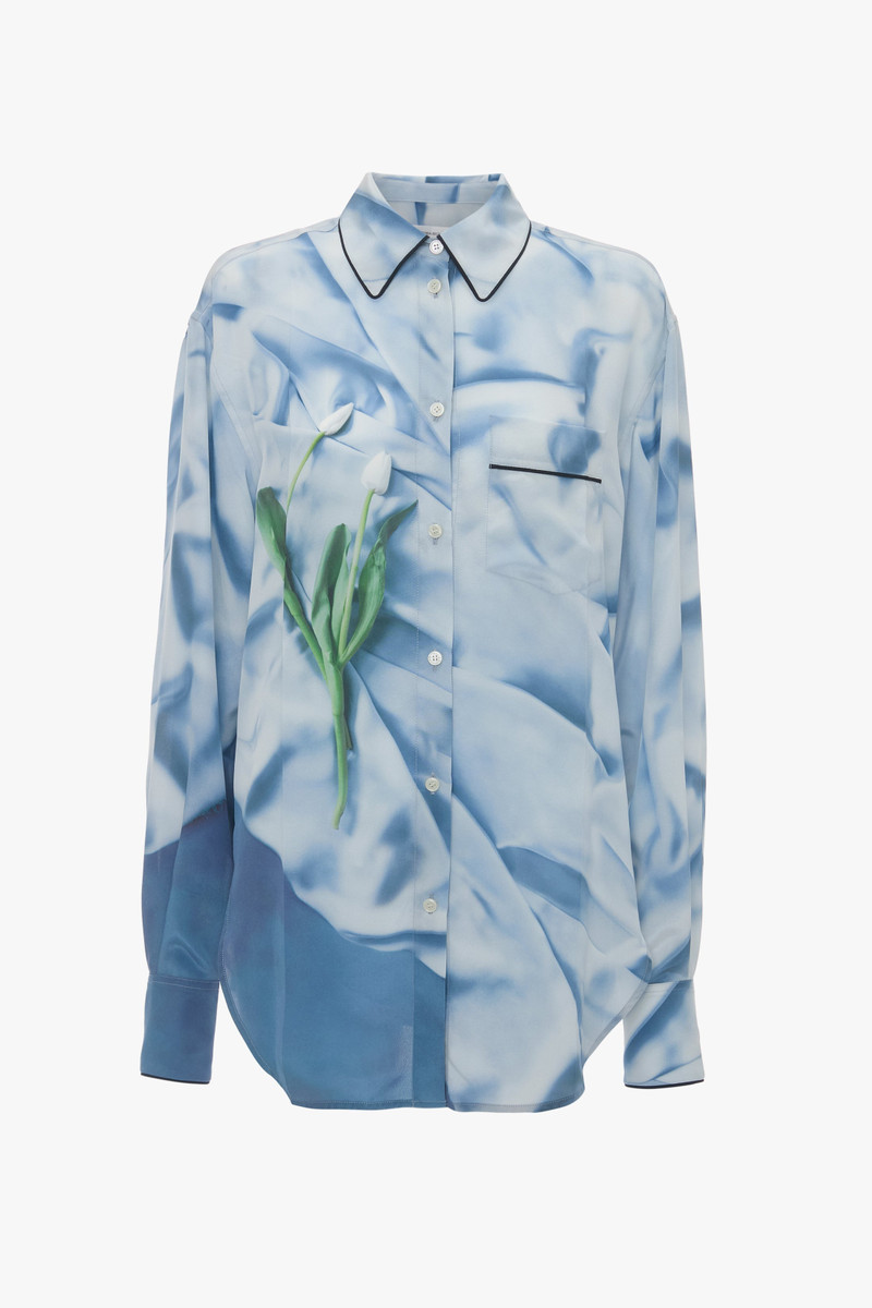 Piping Detail Pyjama Shirt In Ice Blue Satin Flowers 1