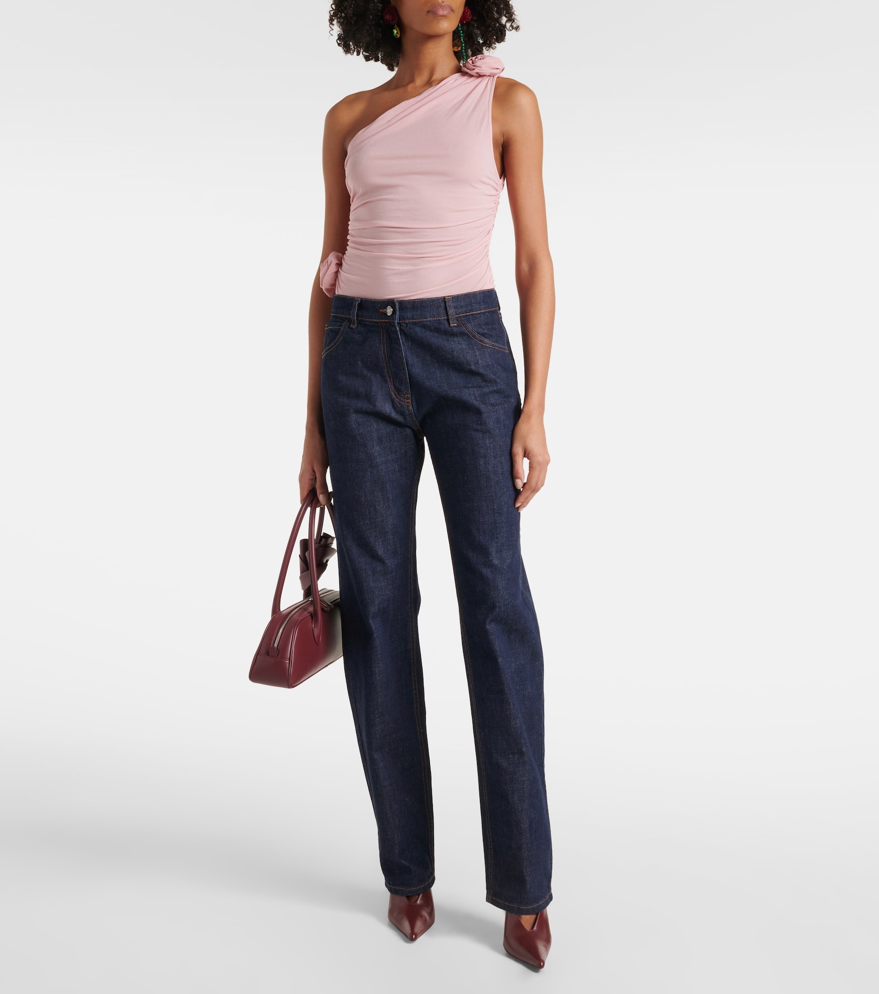 Floral-appliqué one-shoulder silk-blend top - 2
