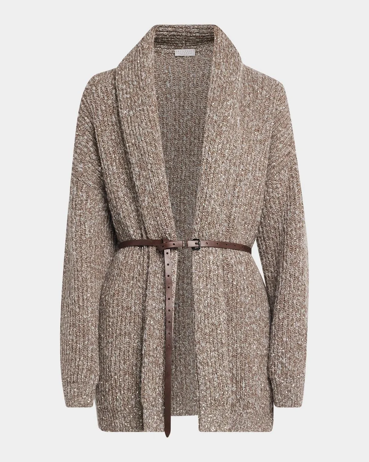 Micro Paillette Wool Knit Shawl-Collar Cardigan - 1