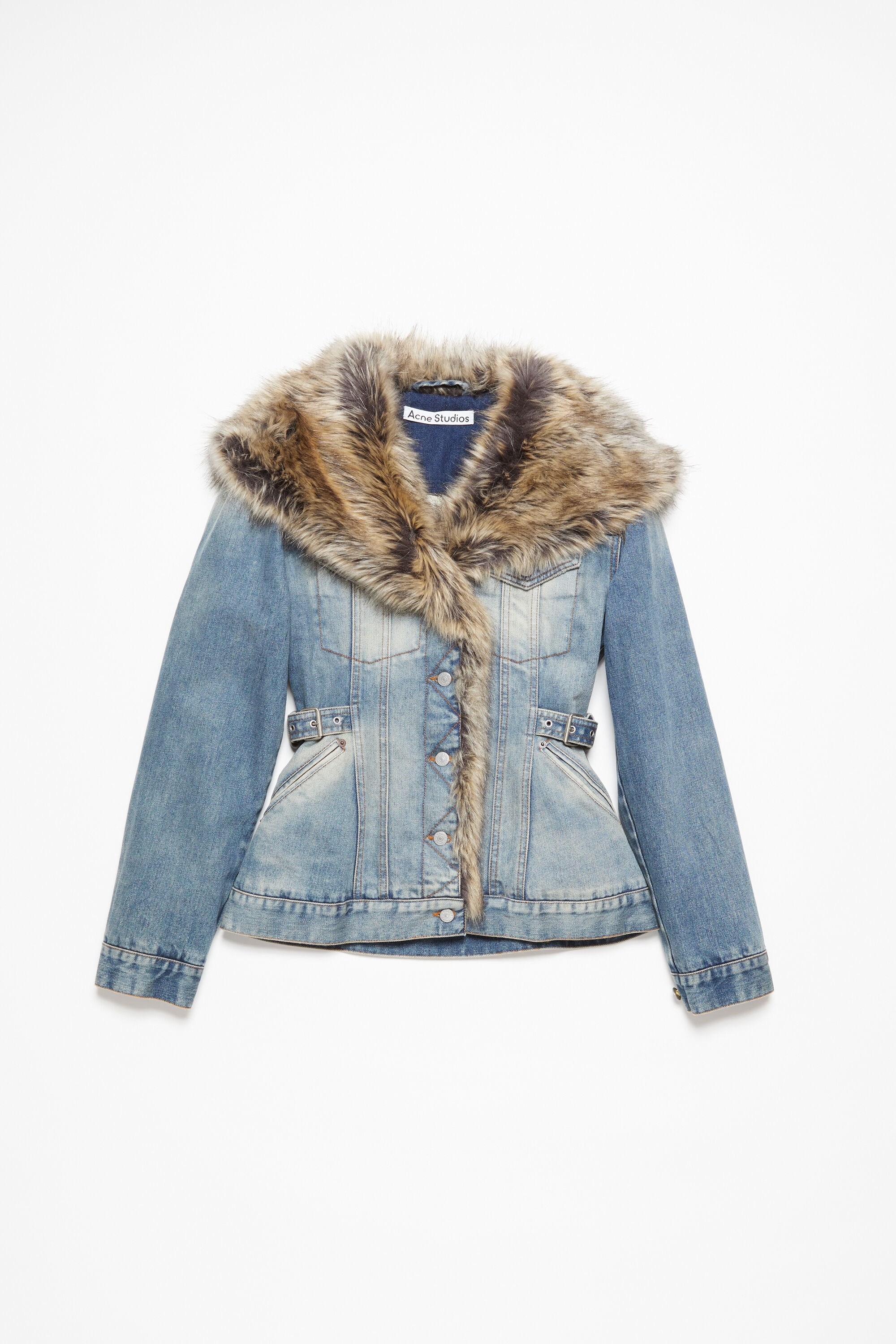 Furry trim denim jacket - Mid Blue - 7