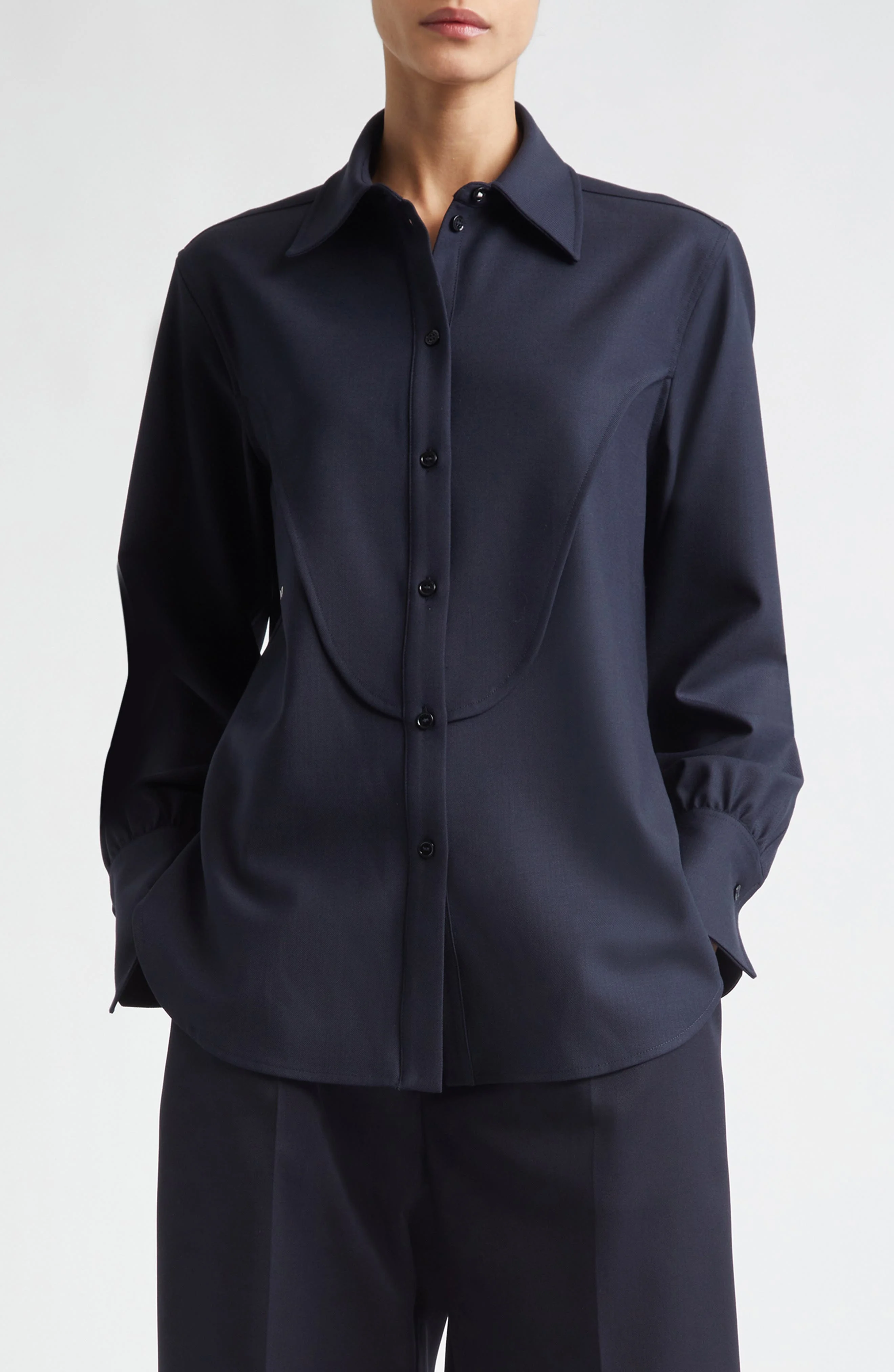 Victoria Beckham Yoke Detail Stretch Button-Up Shirt in Midnight at Nordstrom - 1