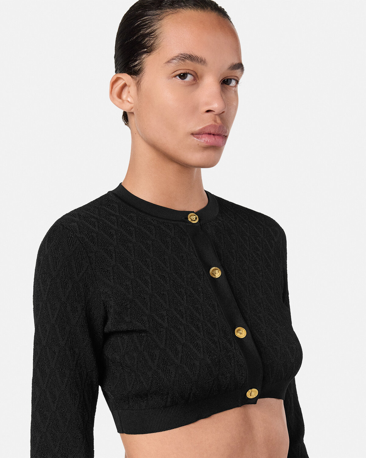 V Allover Jacquard Knit Crop Cardigan - 3