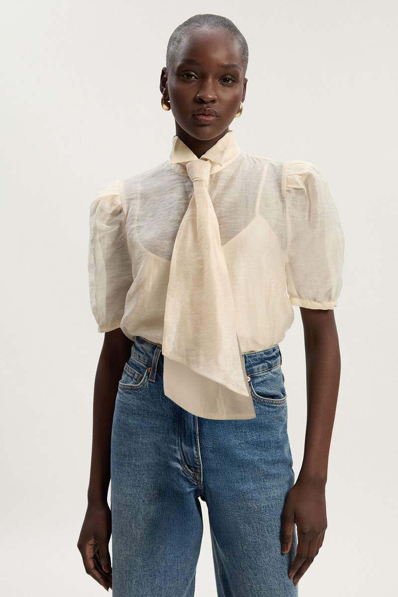 Organdie Tie Neck Woven Shirt 1