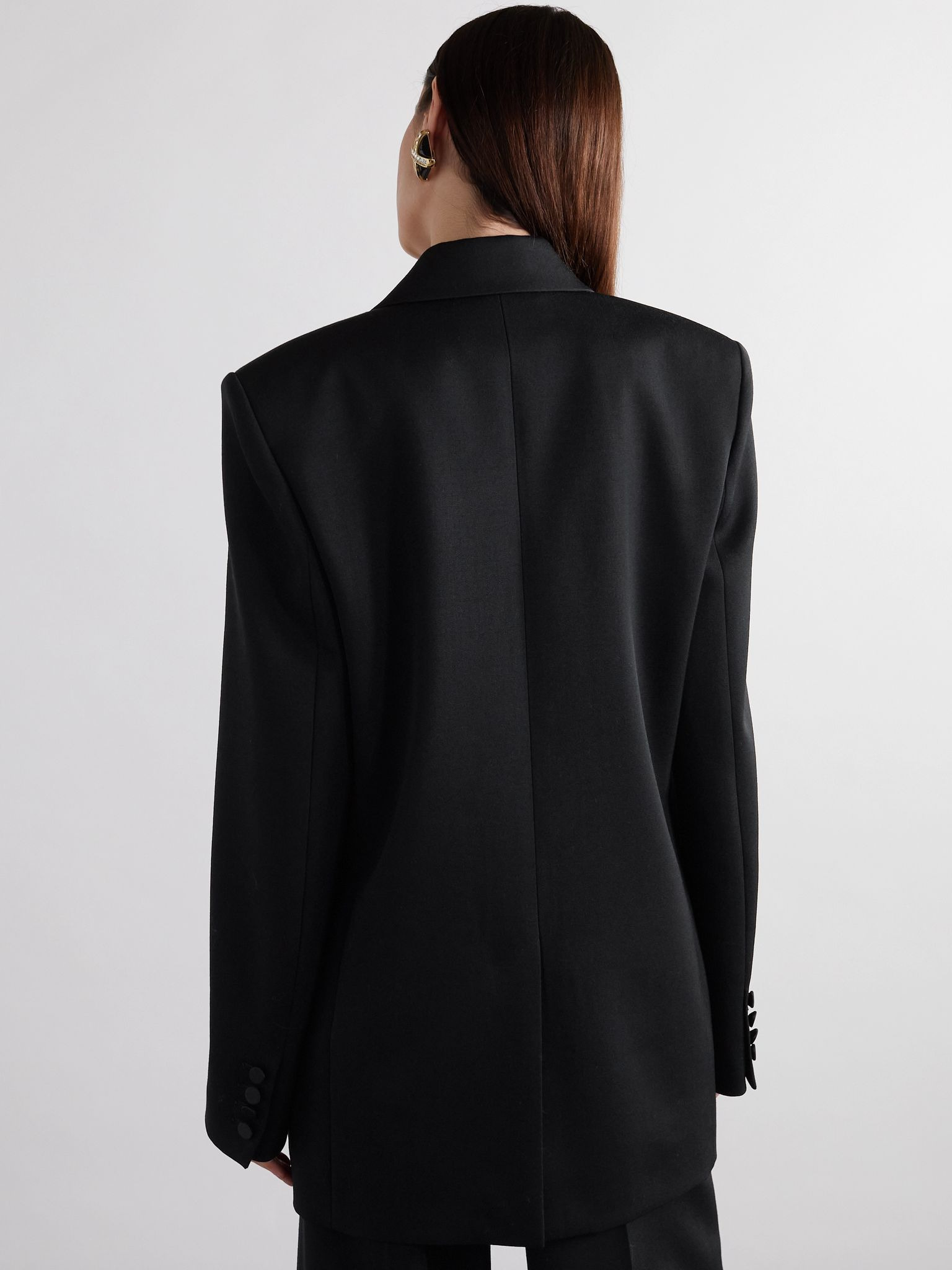 Double-breasted satin-trimmed grain de poudre wool blazer Black - 3