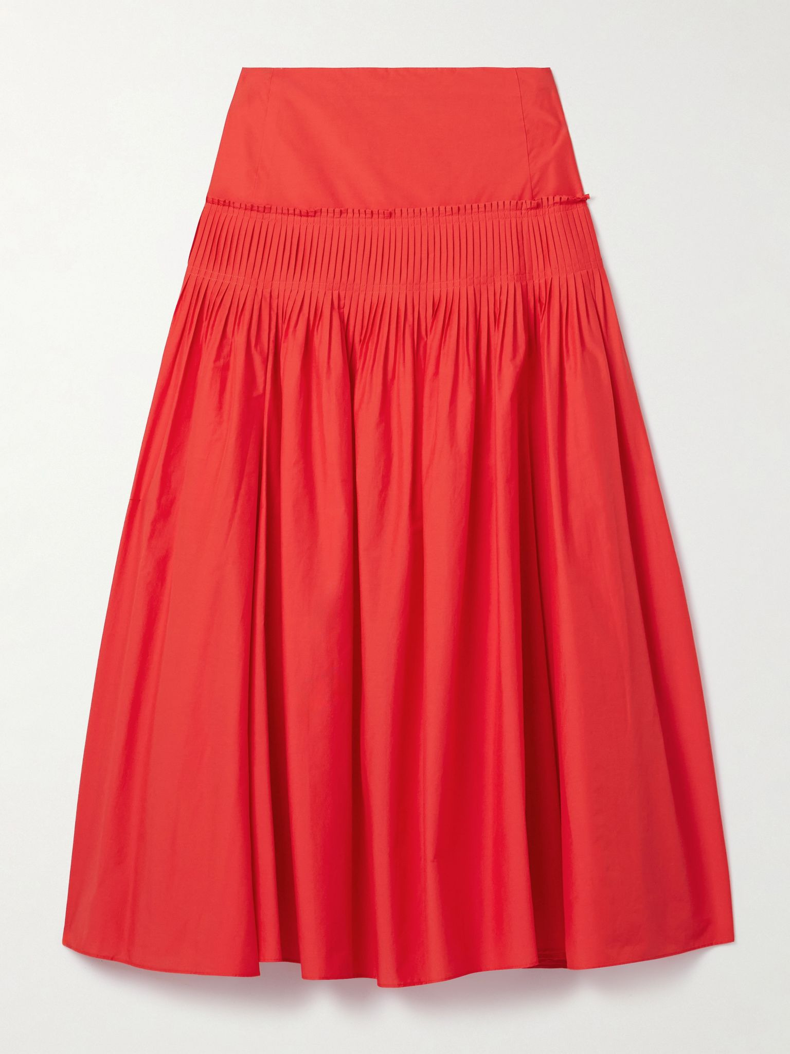 Pintucked pleated cotton-blend poplin midi skirt Red - 1