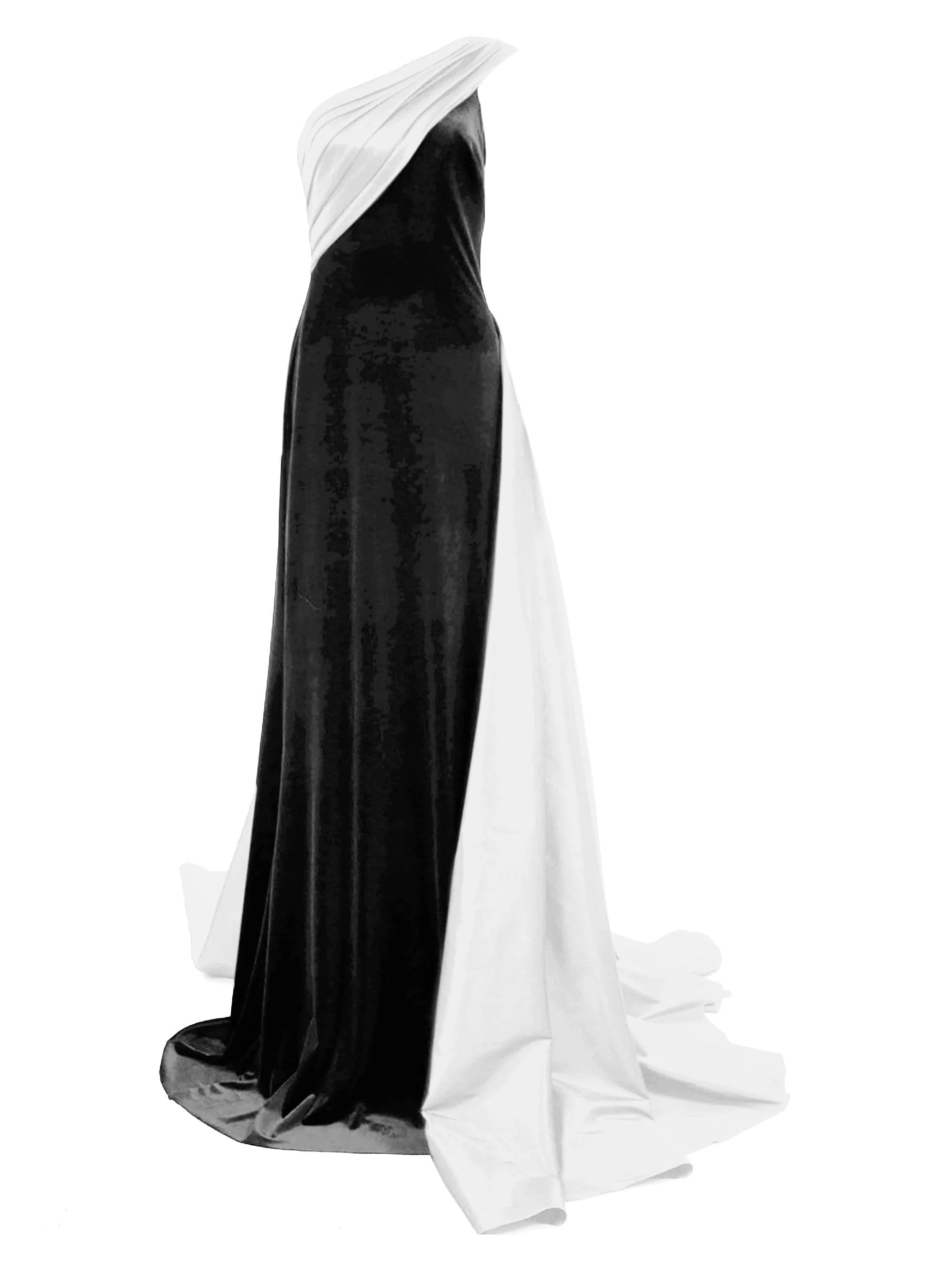 Women's One-Shoulder Crepe Taffeta Gown - Black White - 1